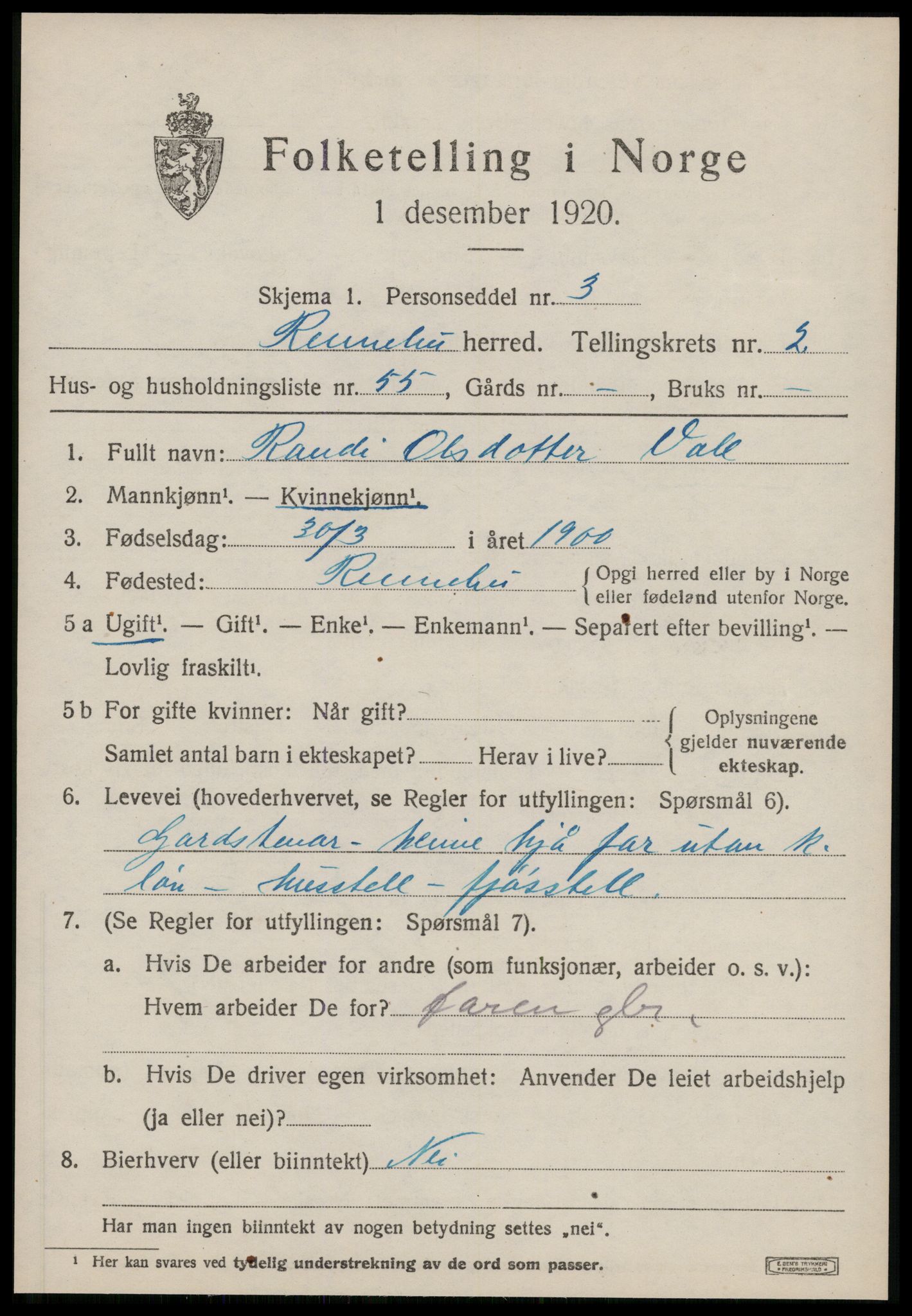 SAT, 1920 census for Rennebu, 1920, p. 1904