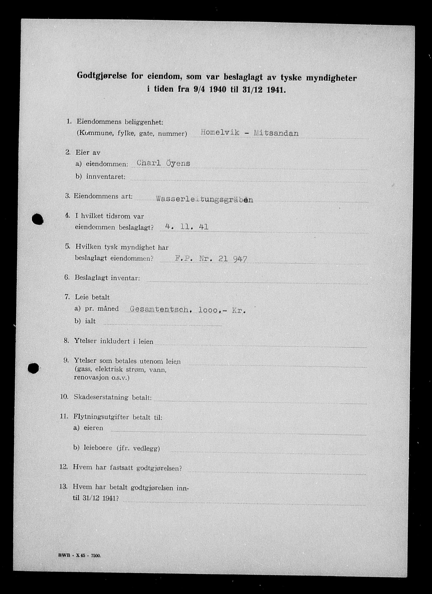 Justisdepartementet, Tilbakeføringskontoret for inndratte formuer, AV/RA-S-1564/I/L1018: Godtgjørelse for beslaglagt eiendom, 1940-1941, p. 357