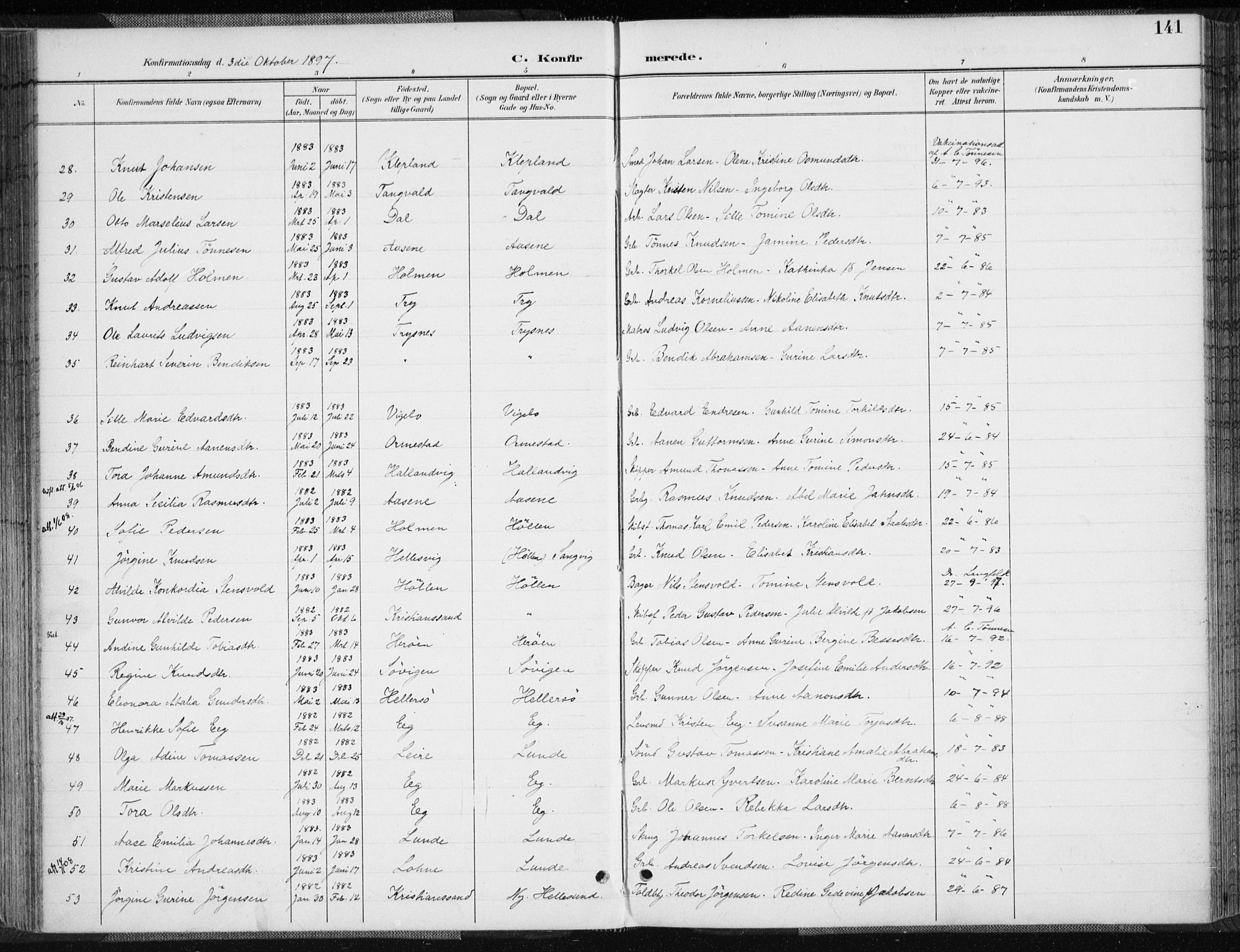 Søgne sokneprestkontor, AV/SAK-1111-0037/F/Fa/Fab/L0013: Parish register (official) no. A 13, 1892-1911, p. 141