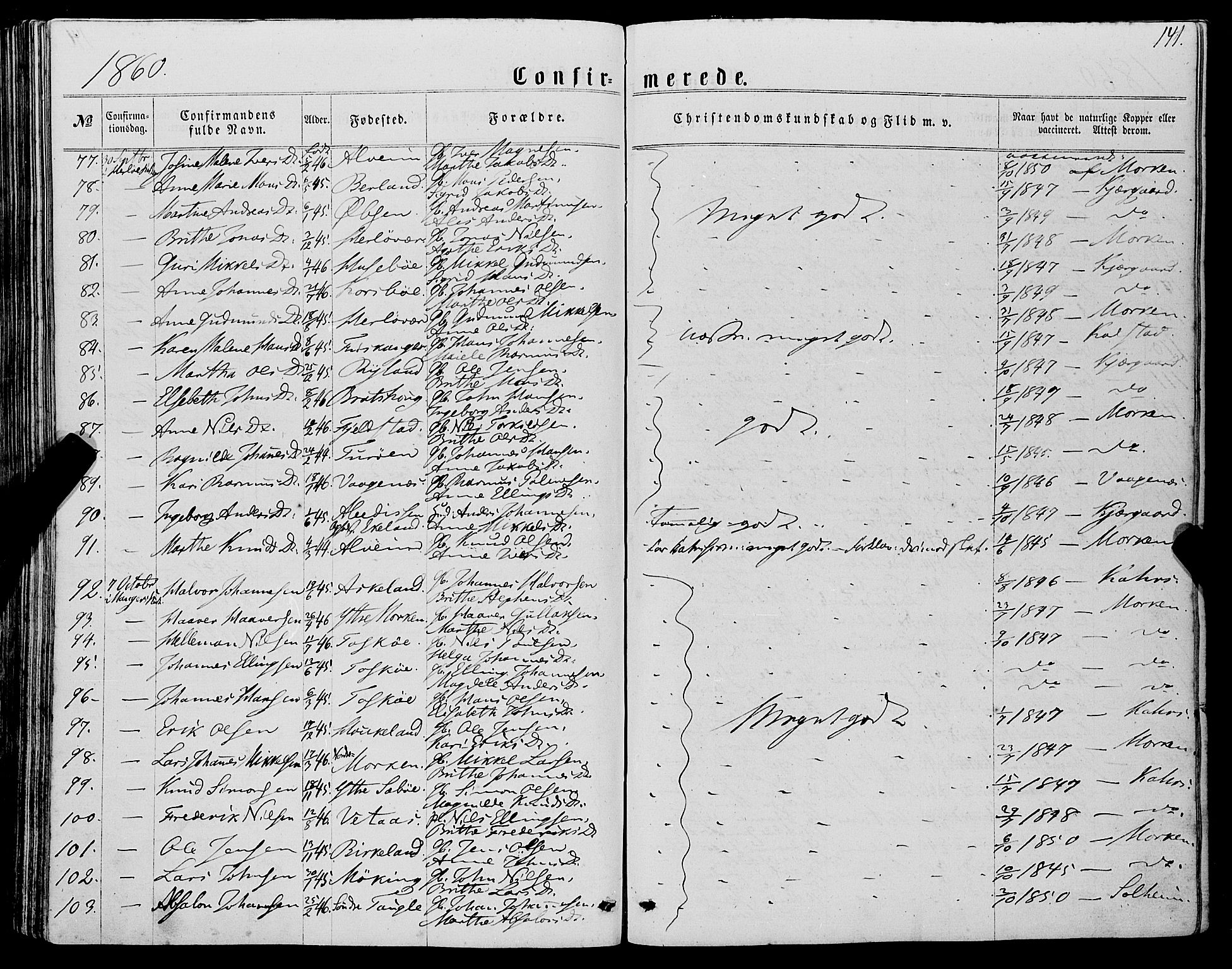 Manger sokneprestembete, AV/SAB-A-76801/H/Haa: Parish register (official) no. A 7, 1860-1870, p. 141