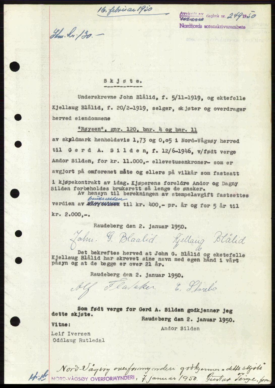 Nordfjord sorenskriveri, SAB/A-2801/02/02b/02bj/L0016a: Mortgage book no. A16 I, 1949-1950, Diary no: : 249/1950