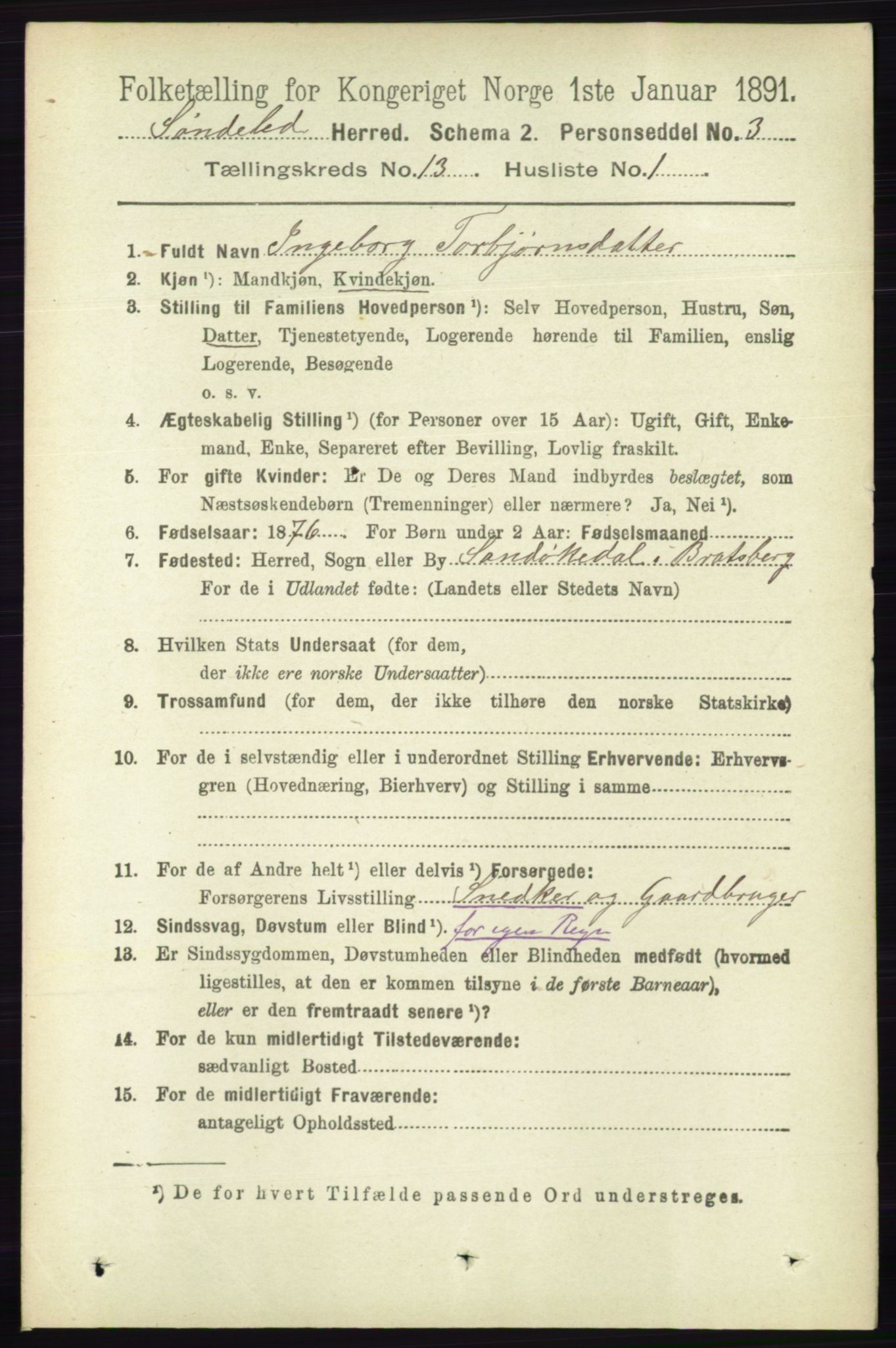 RA, 1891 census for 0913 Søndeled, 1891, p. 3909