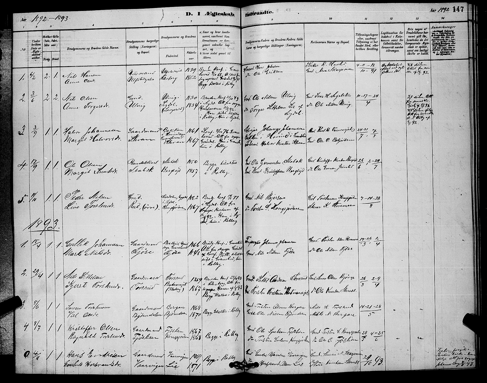 Rollag kirkebøker, AV/SAKO-A-240/G/Ga/L0004: Parish register (copy) no. I 4, 1878-1903, p. 147