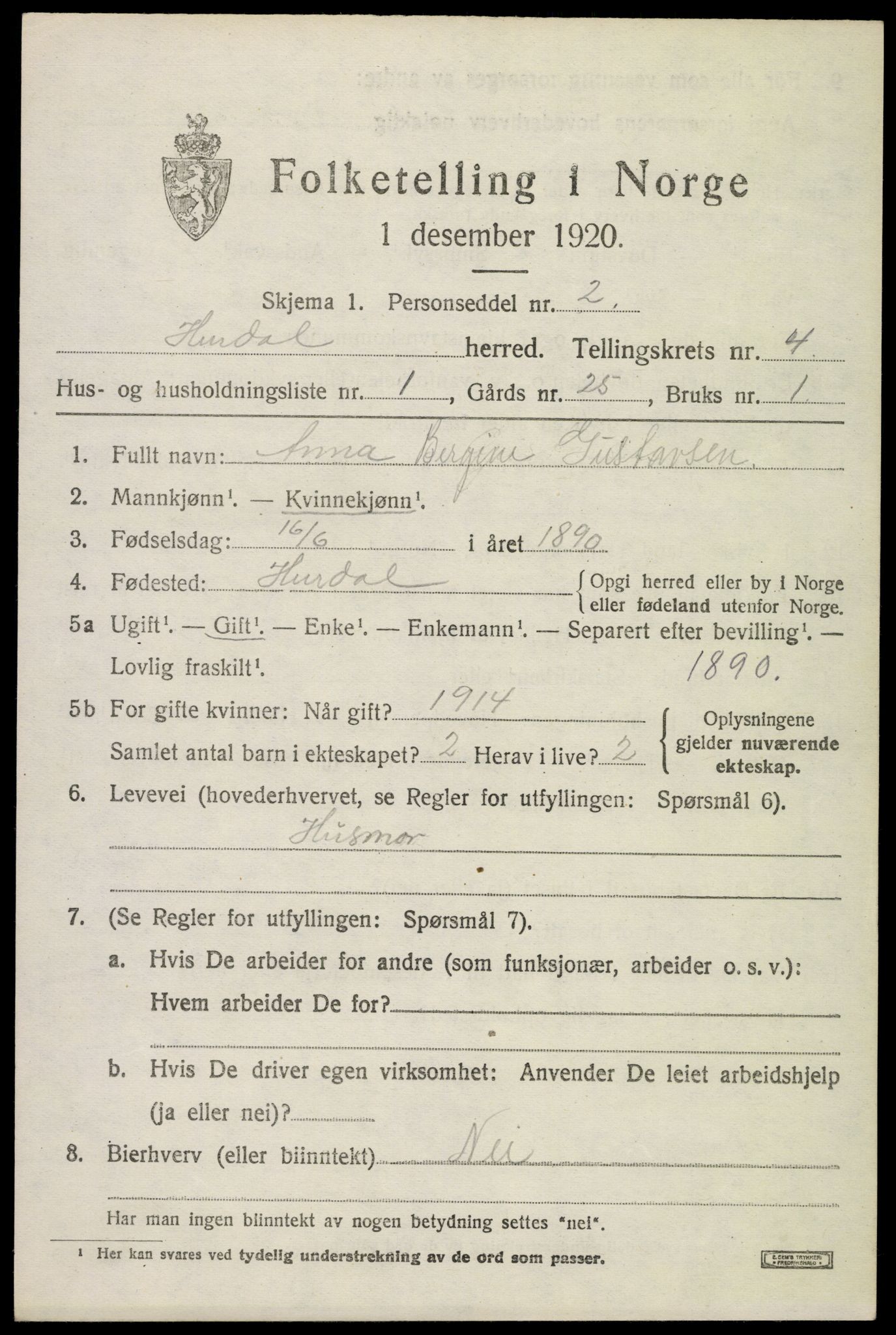 SAO, 1920 census for Hurdal, 1920, p. 2460