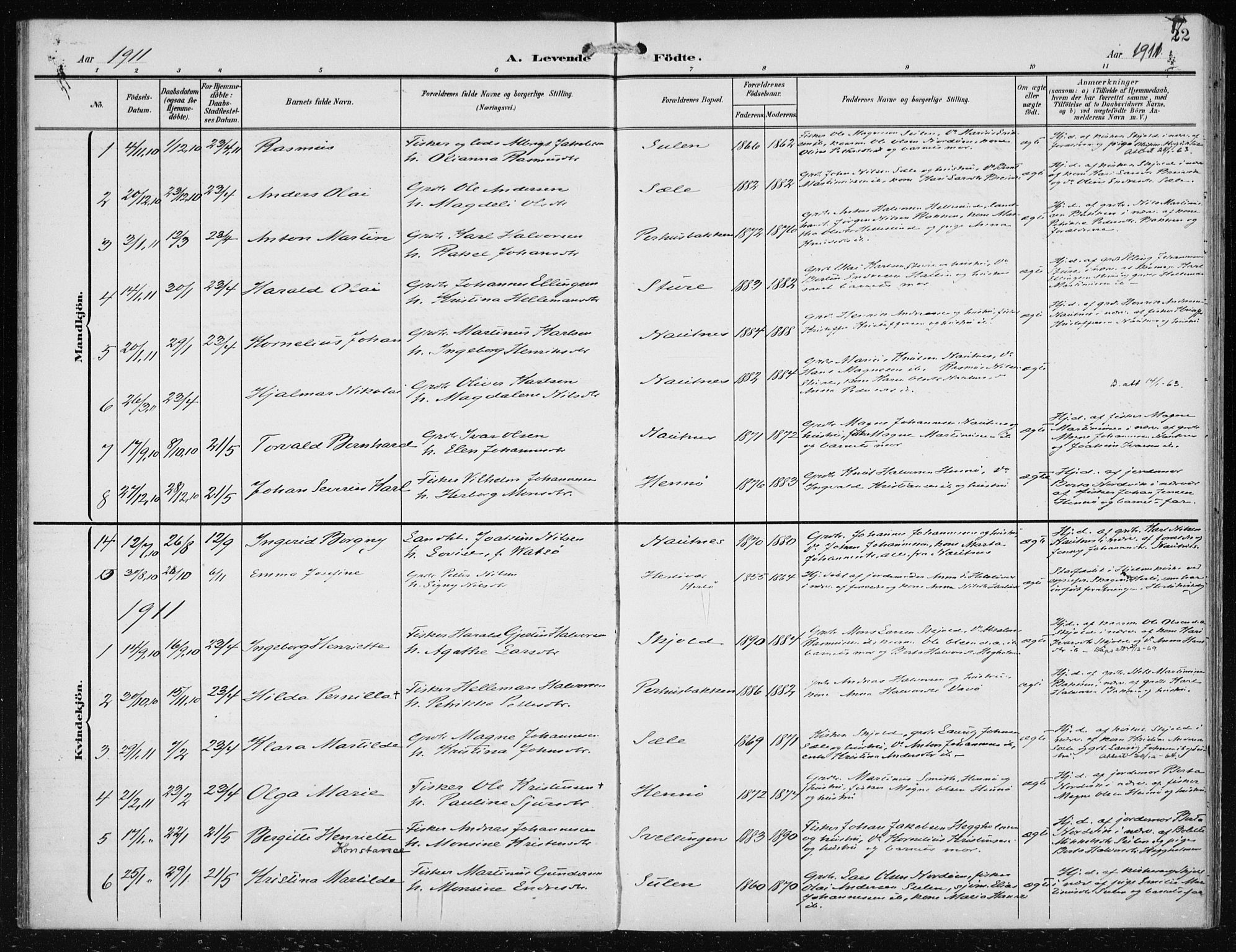 Herdla Sokneprestembete, AV/SAB-A-75701/H/Haa: Parish register (official) no. B 1, 1902-1921, p. 22