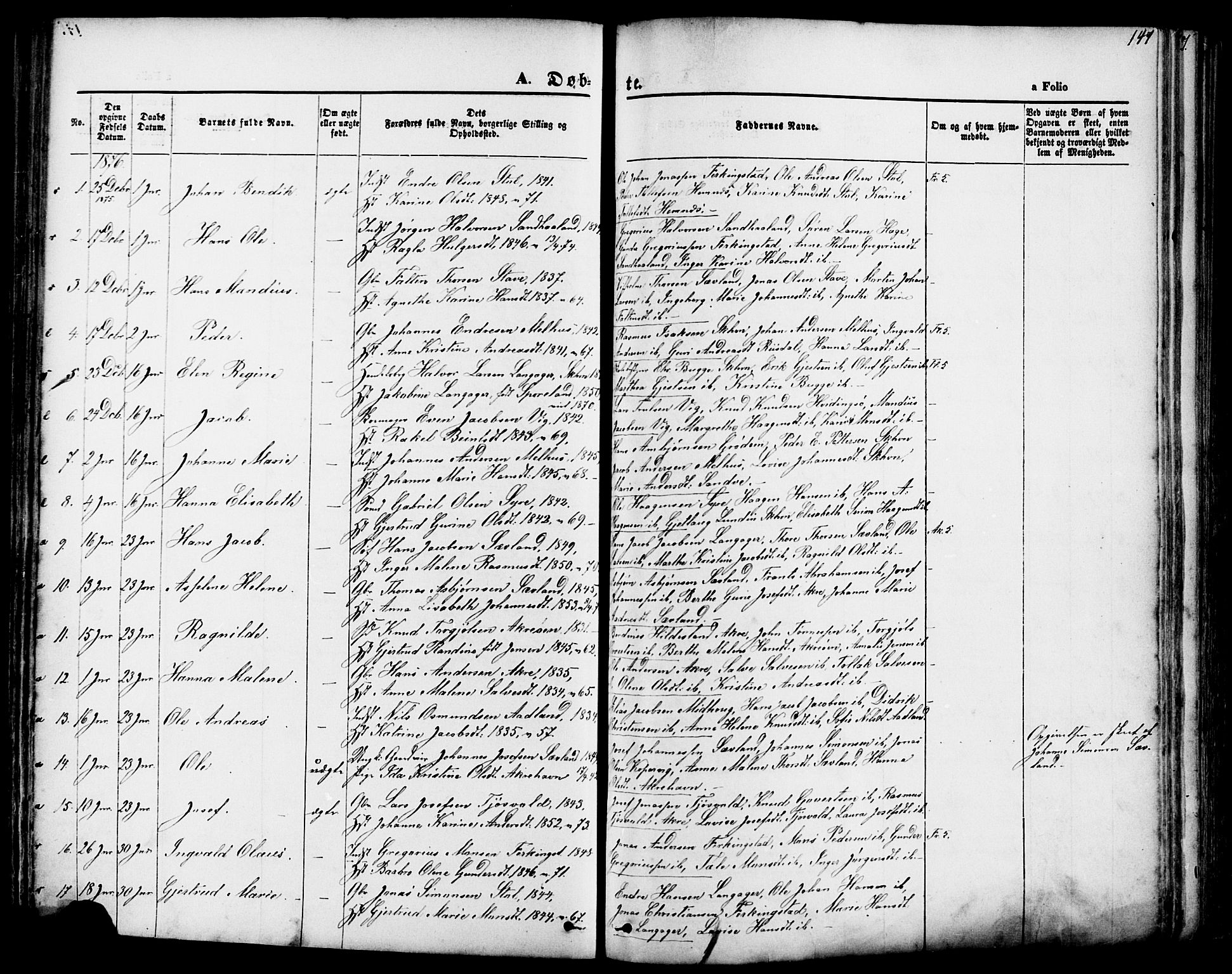 Skudenes sokneprestkontor, SAST/A -101849/H/Ha/Haa/L0006: Parish register (official) no. A 4, 1864-1881, p. 147
