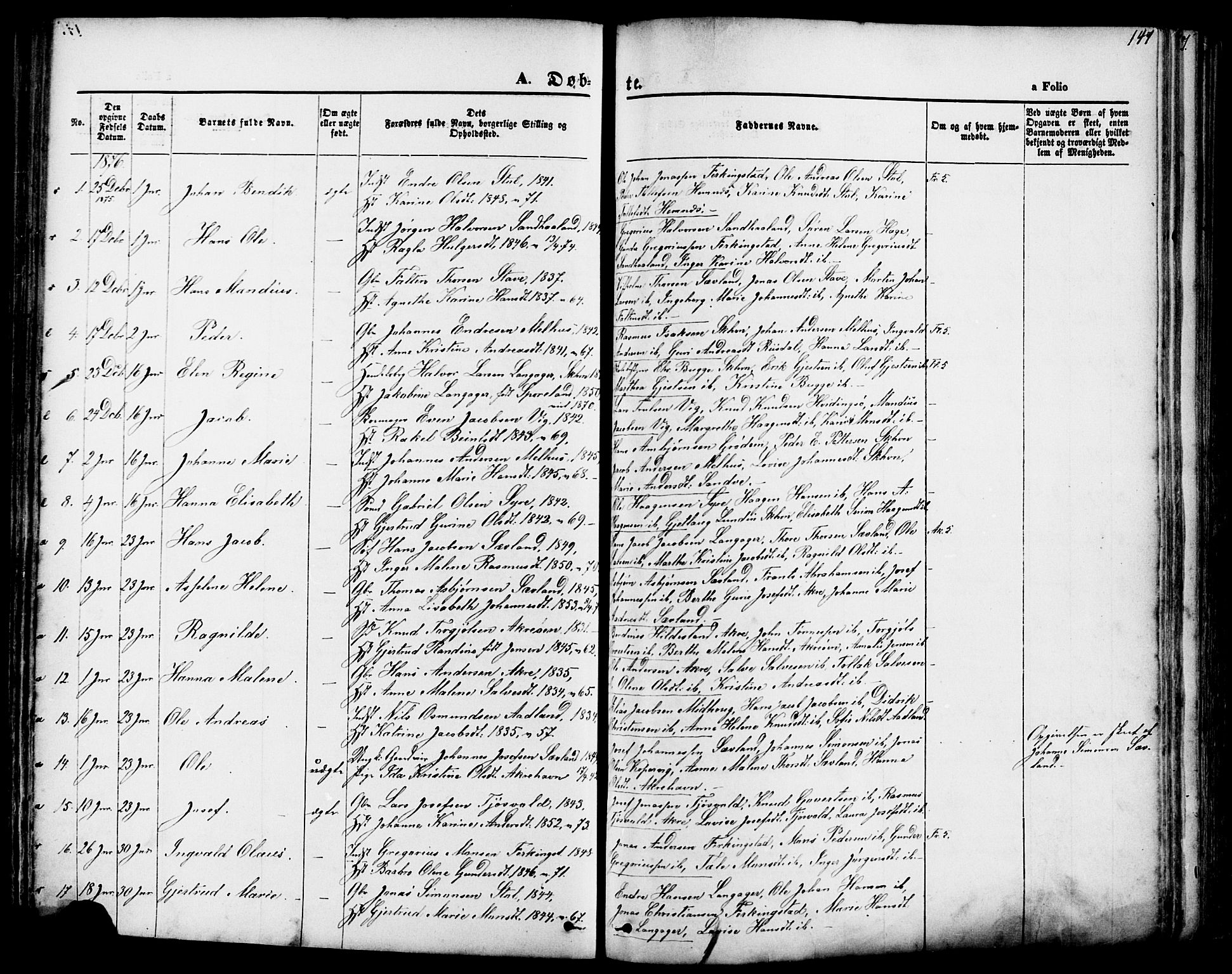 Skudenes sokneprestkontor, AV/SAST-A -101849/H/Ha/Haa/L0006: Parish register (official) no. A 4, 1864-1881, p. 147