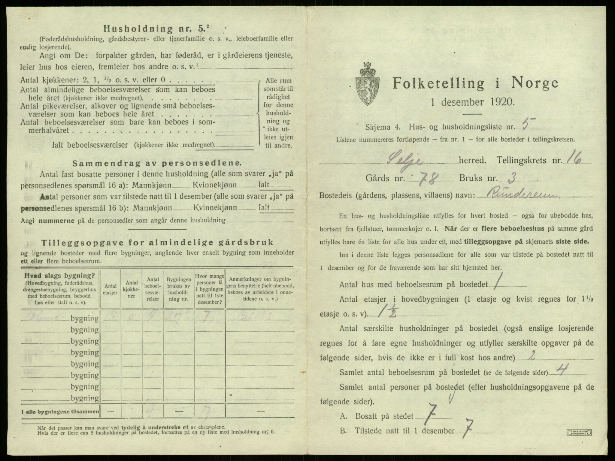 SAB, 1920 census for Selje, 1920, p. 988