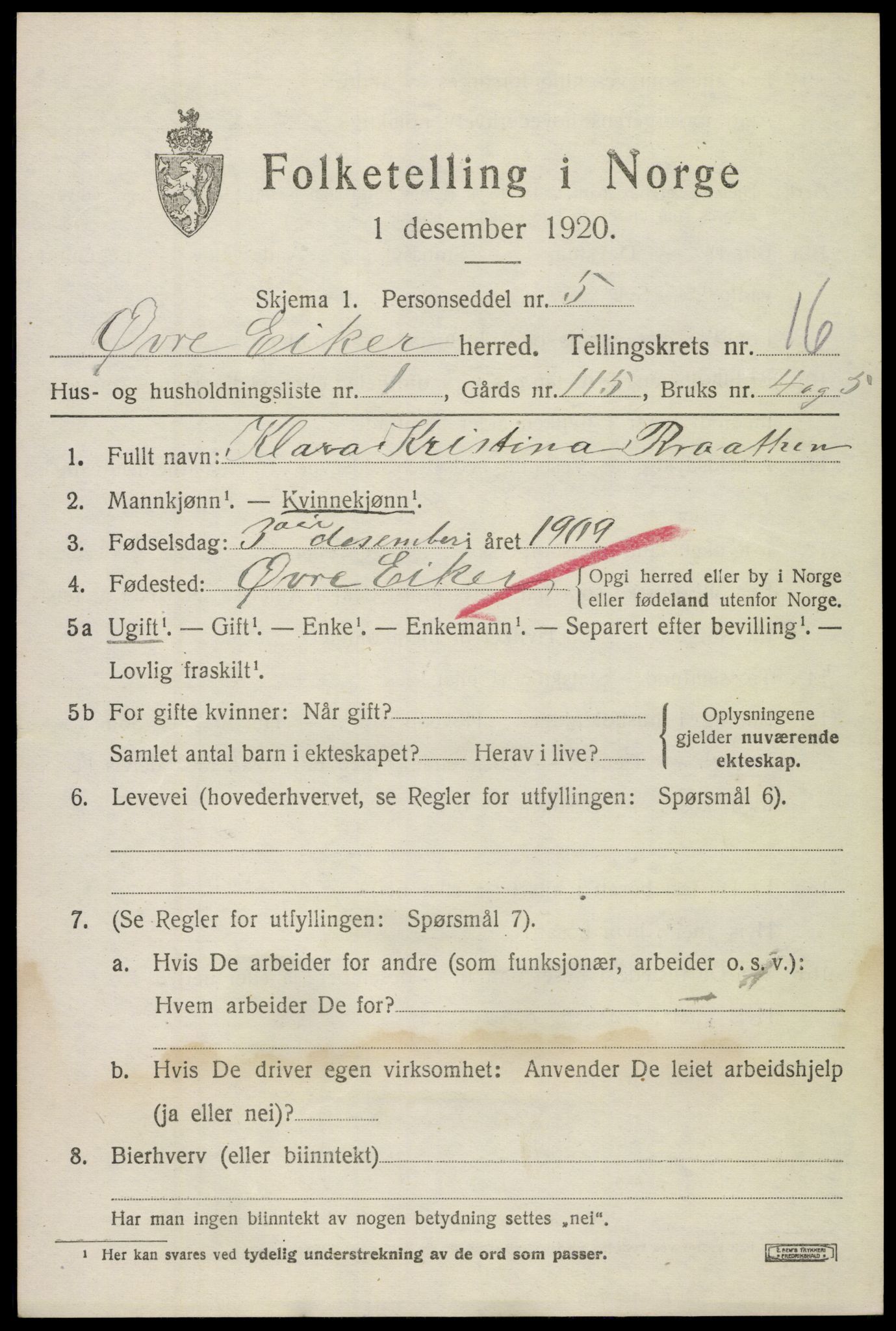 SAKO, 1920 census for Øvre Eiker, 1920, p. 20994