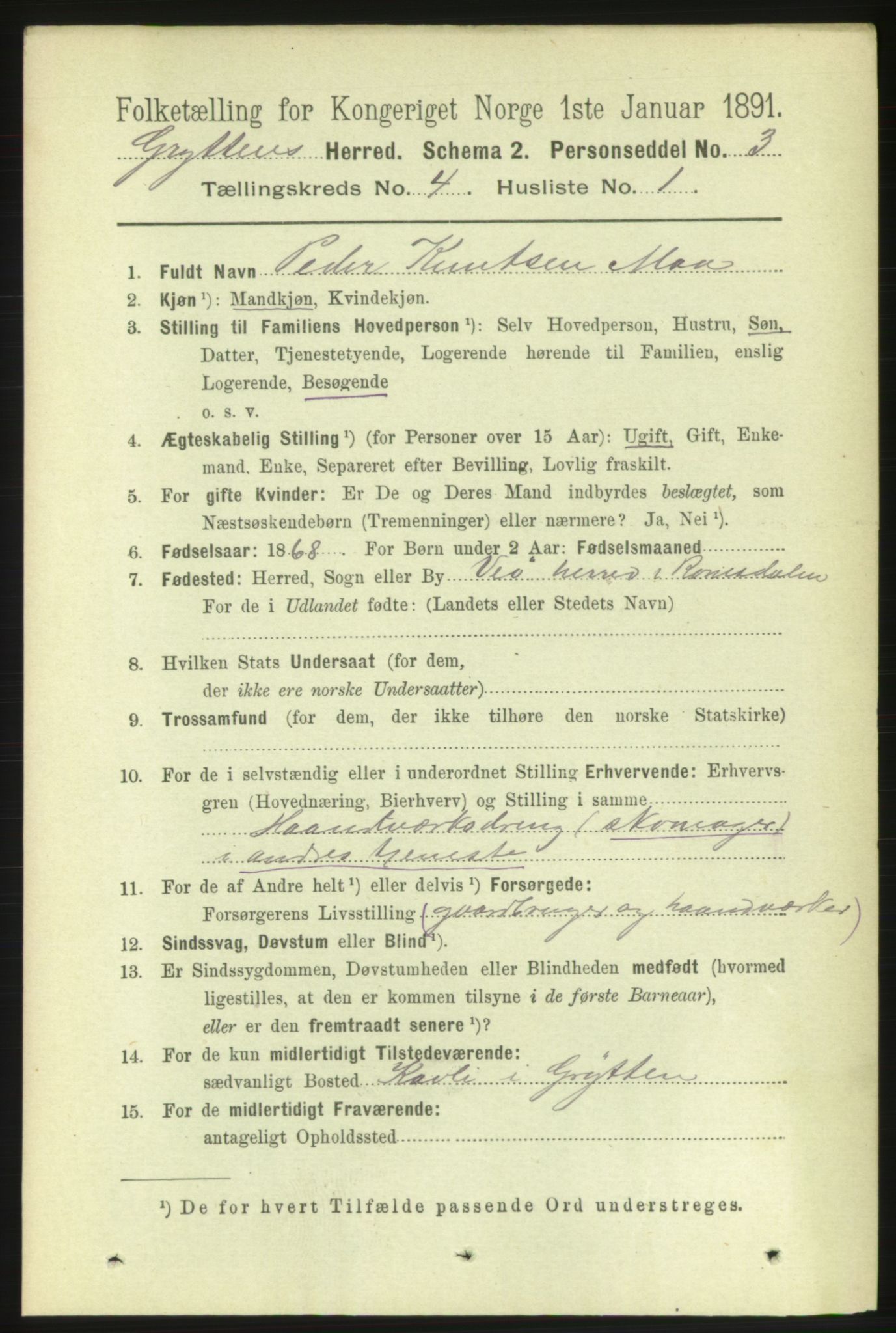 RA, 1891 census for 1539 Grytten, 1891, p. 1330