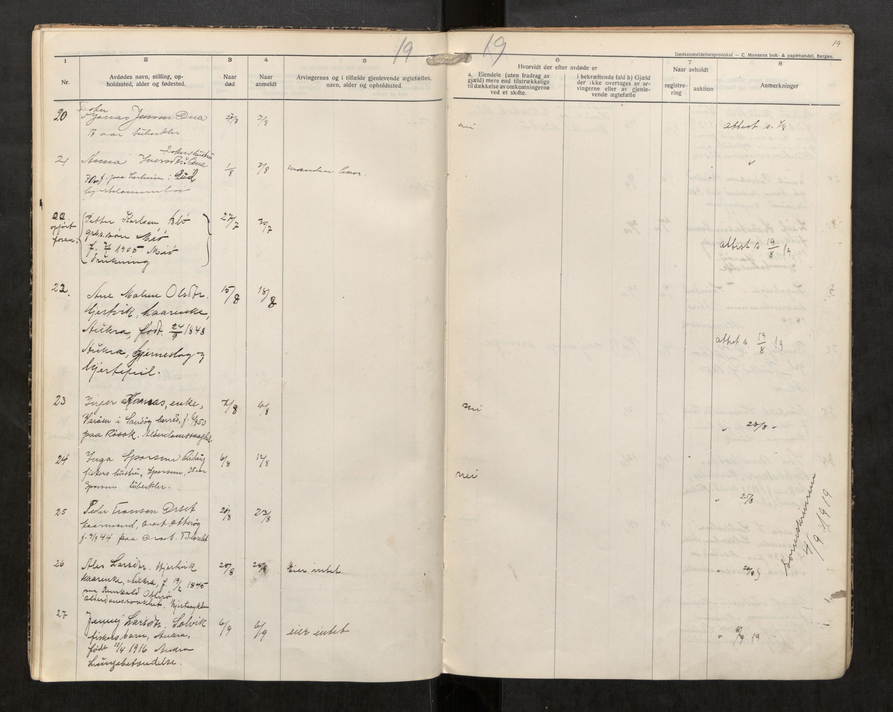 Sund lensmannskontor, AV/SAT-A-5663/02/Gh/L0001: Dødsfallsprotokoll, 1914-1926, p. 19