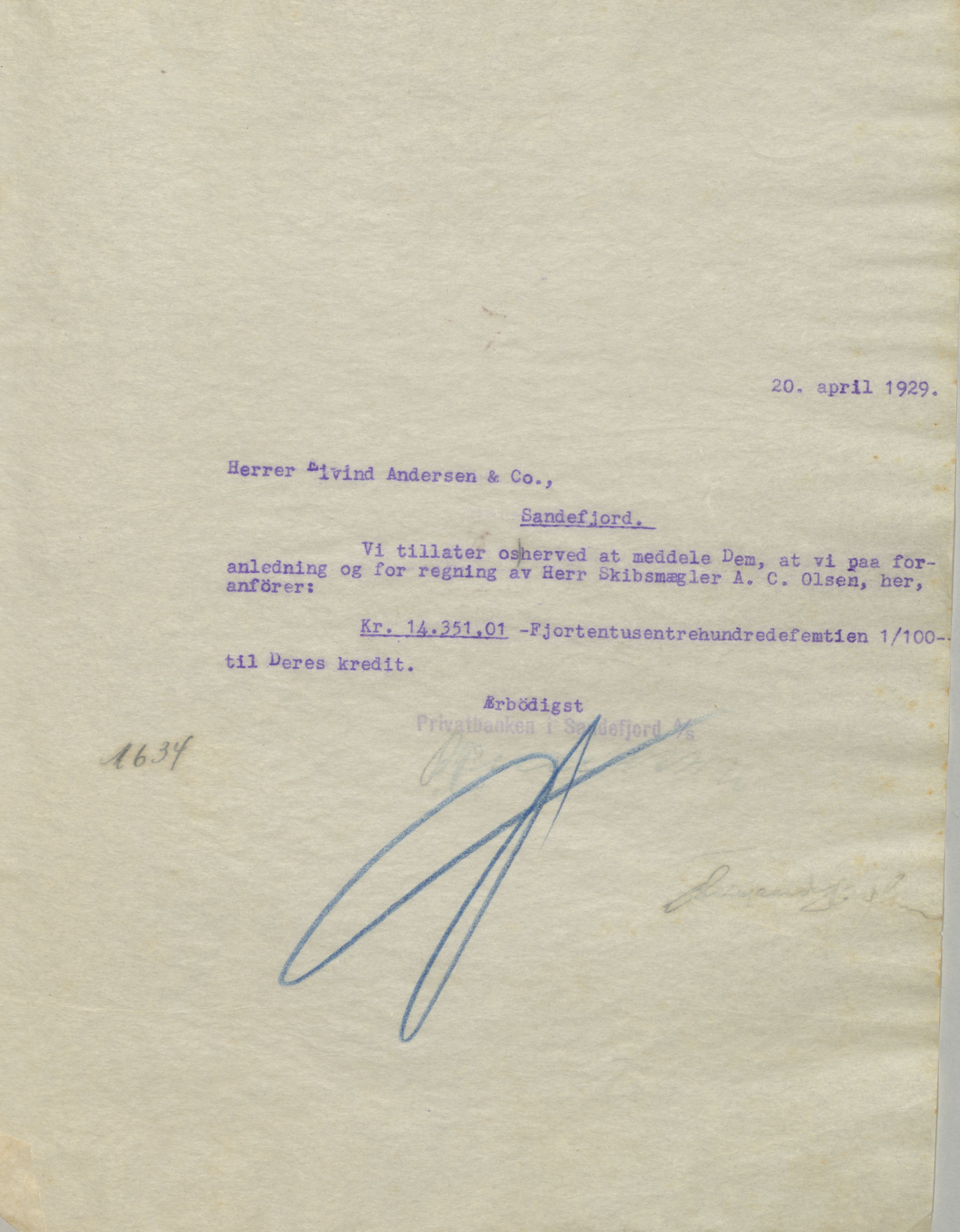 Privatbanken i Sandefjord AS, VEMU/ARS-A-1256/B/Ba/L0002: Kopibok, 1929