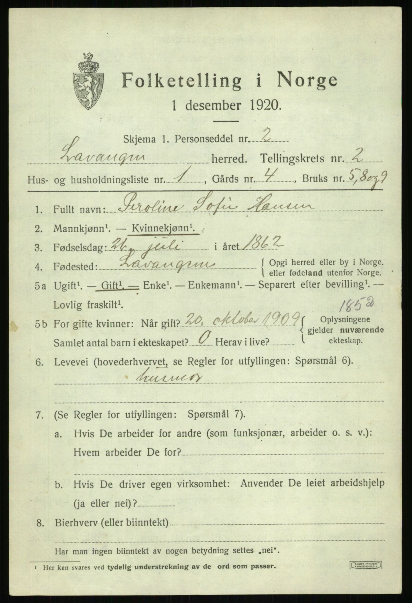 SATØ, 1920 census for Lavangen, 1920, p. 935