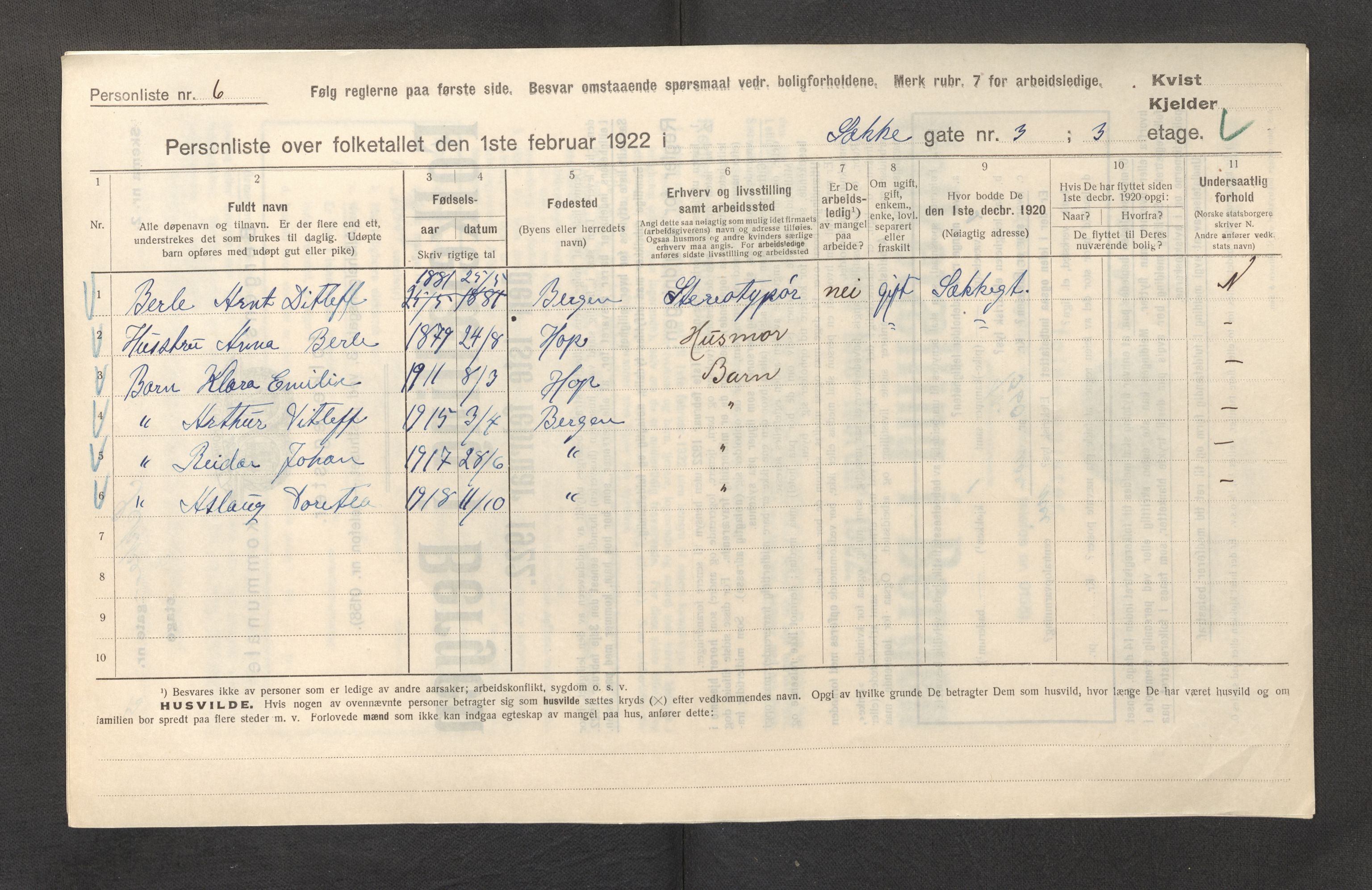 SAB, Municipal Census 1922 for Bergen, 1922, p. 42960