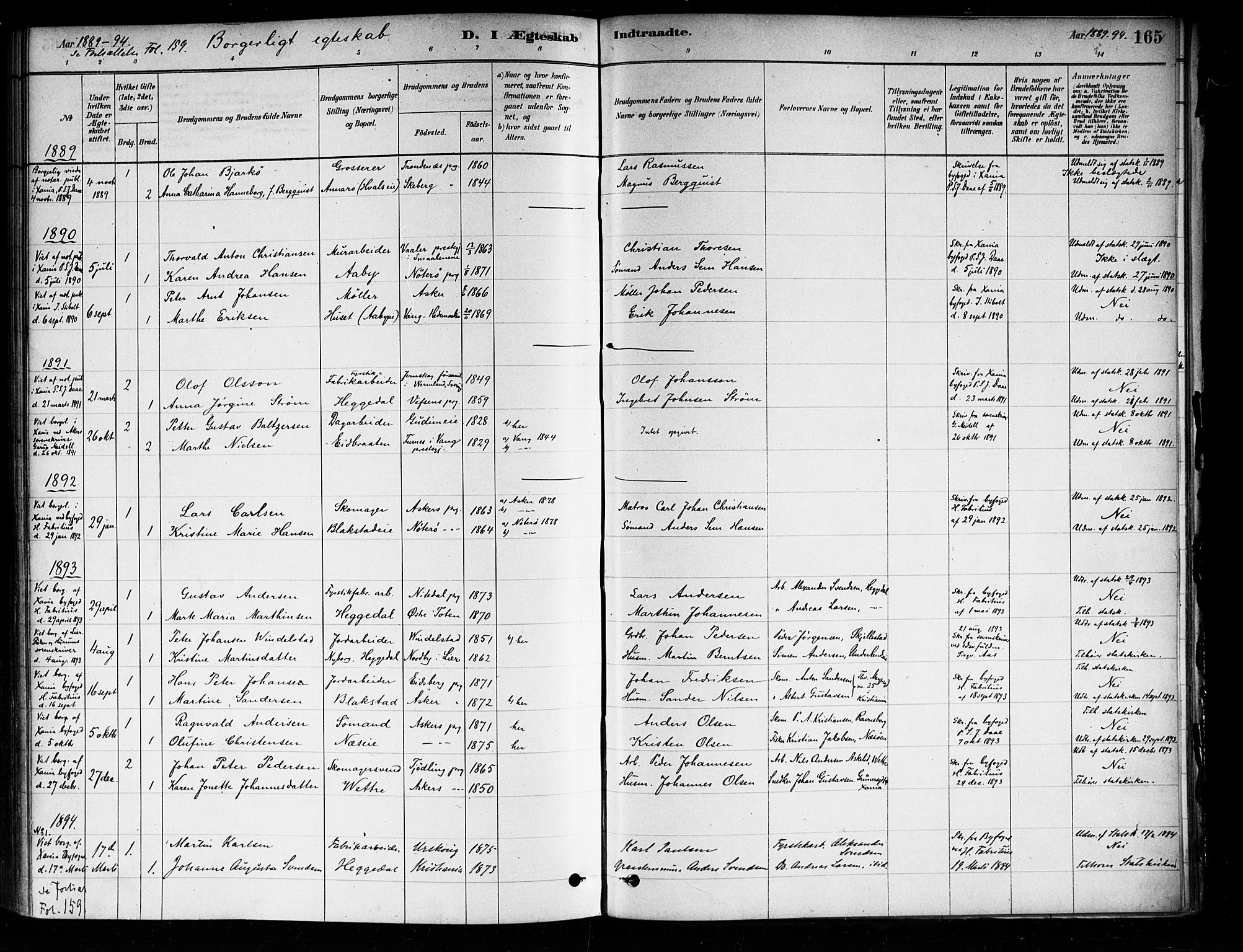 Asker prestekontor Kirkebøker, SAO/A-10256a/F/Fa/L0014: Parish register (official) no. I 14, 1879-1900, p. 165