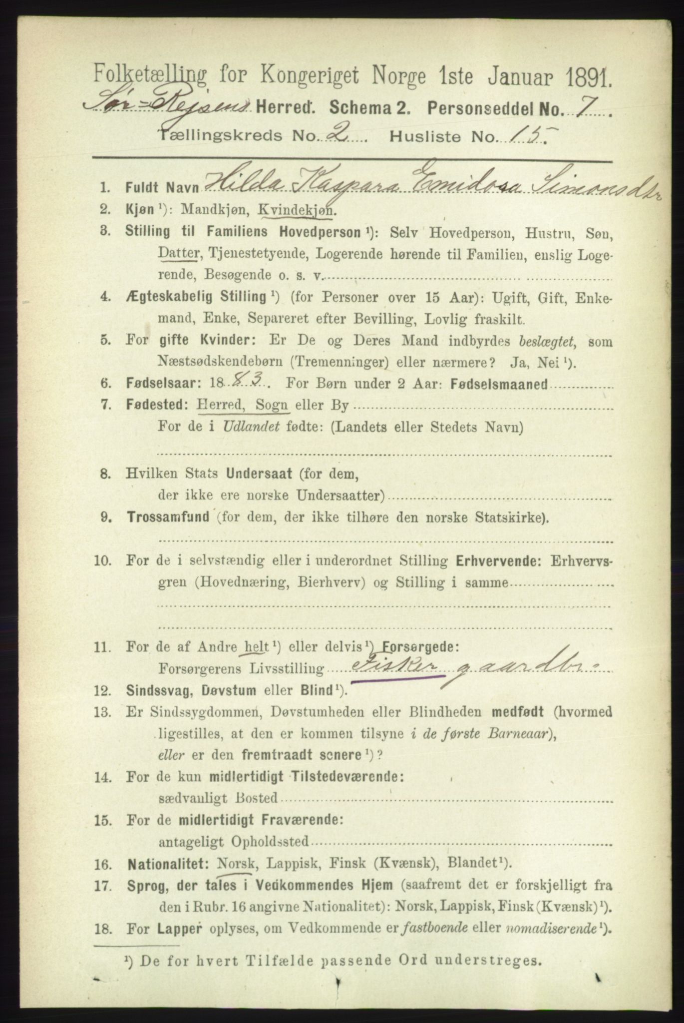 RA, 1891 census for 1925 Sørreisa, 1891, p. 454
