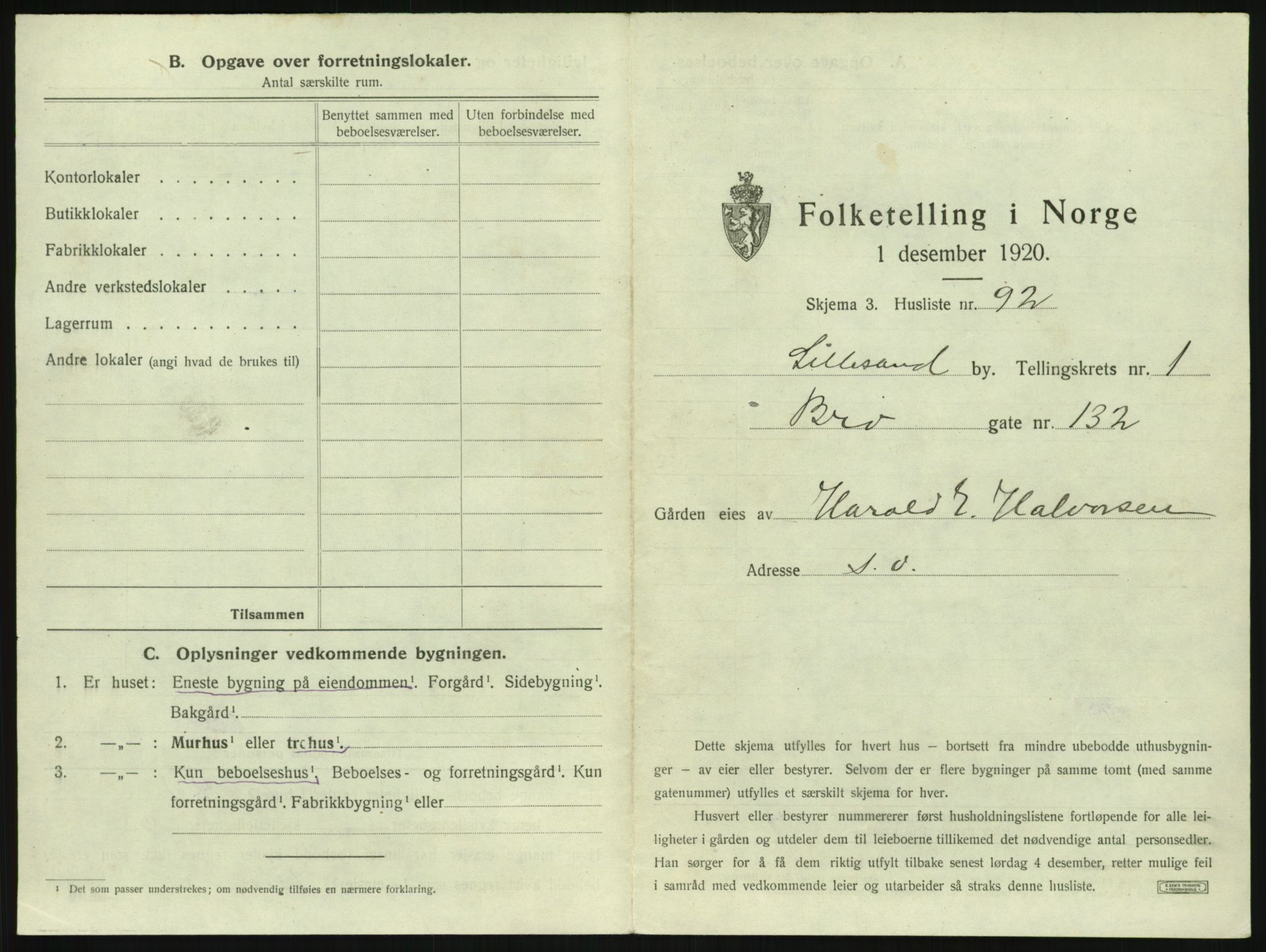 SAK, 1920 census for Lillesand, 1920, p. 213