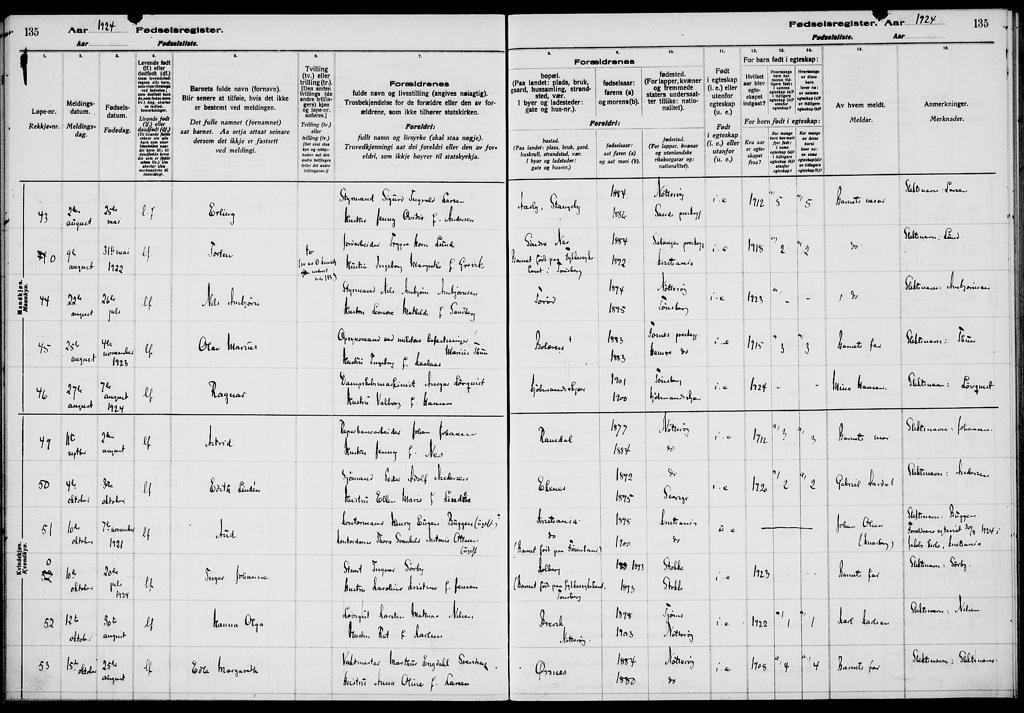 Nøtterøy kirkebøker, AV/SAKO-A-354/J/Ja/L0001: Birth register no. 1, 1916-1928, p. 135