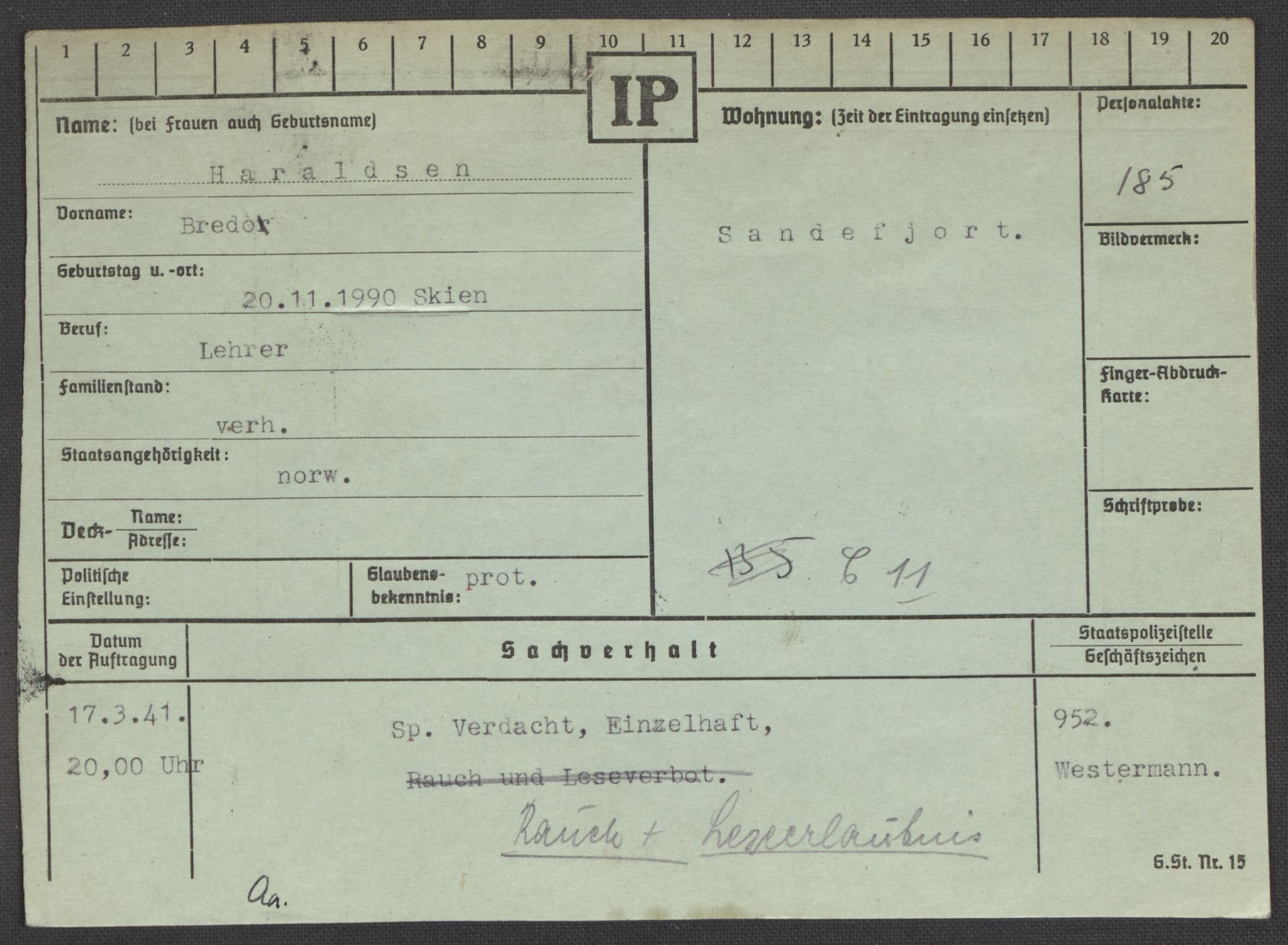 Befehlshaber der Sicherheitspolizei und des SD, RA/RAFA-5969/E/Ea/Eaa/L0004: Register over norske fanger i Møllergata 19: Hal-Hæ, 1940-1945, p. 591