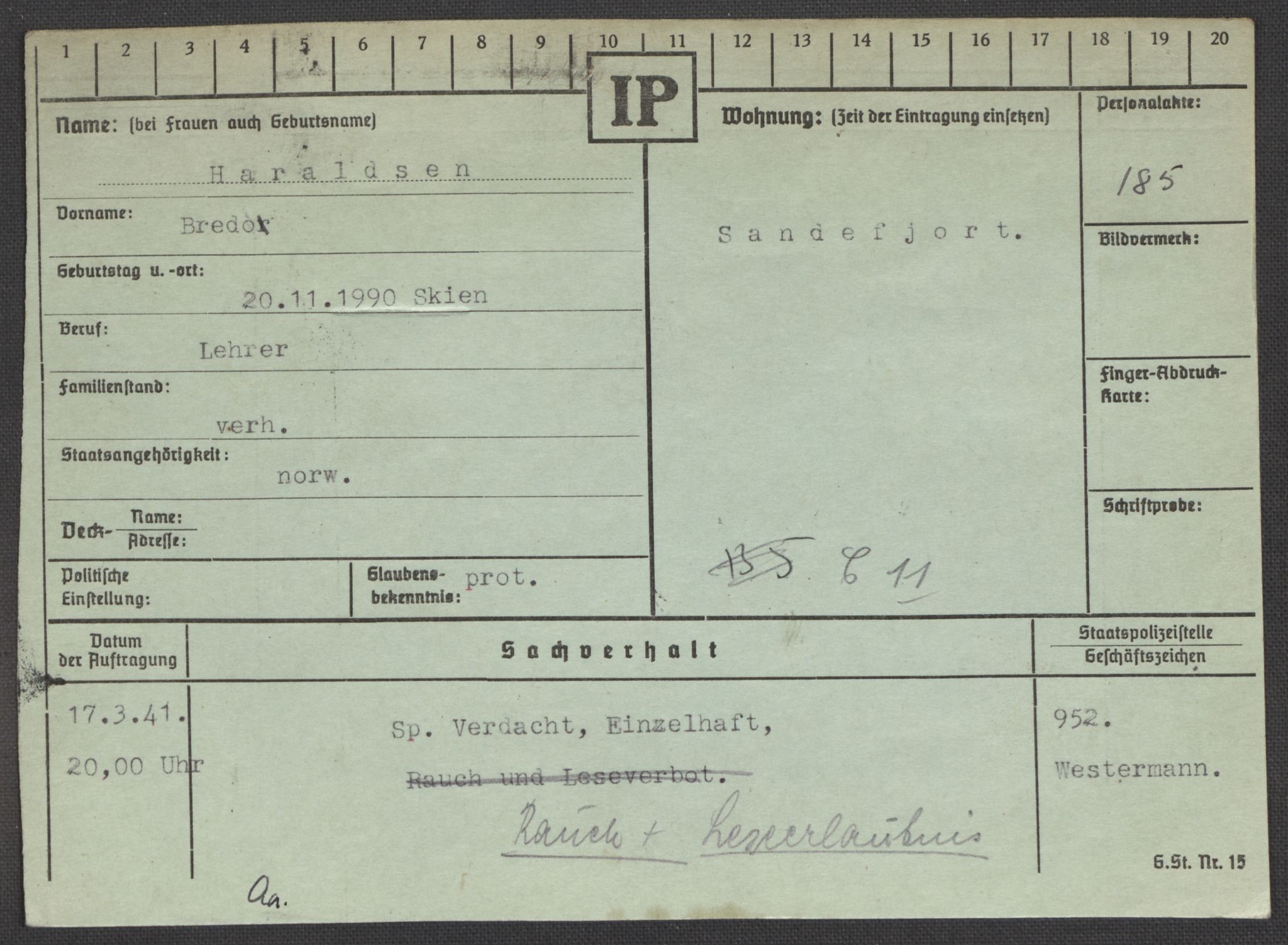 Befehlshaber der Sicherheitspolizei und des SD, AV/RA-RAFA-5969/E/Ea/Eaa/L0004: Register over norske fanger i Møllergata 19: Hal-Hæ, 1940-1945, p. 591