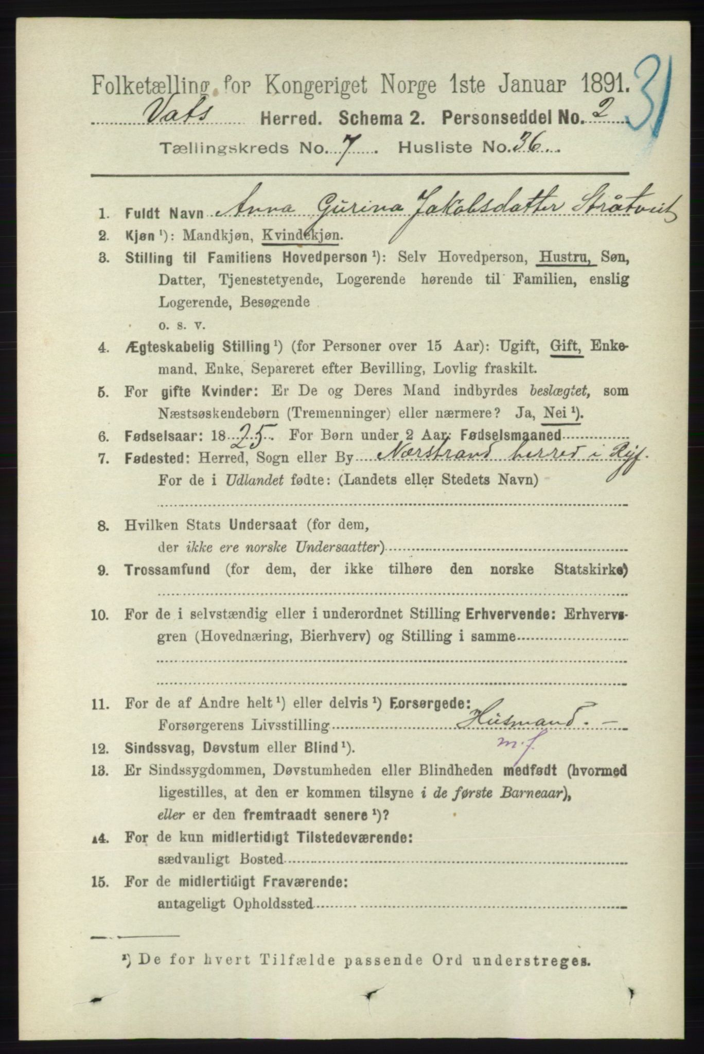 RA, 1891 census for 1155 Vats, 1891, p. 1284