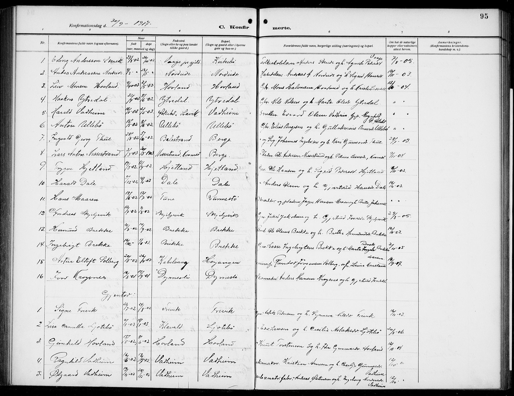 Lavik sokneprestembete, AV/SAB-A-80901: Parish register (copy) no. B 4, 1914-1937, p. 95