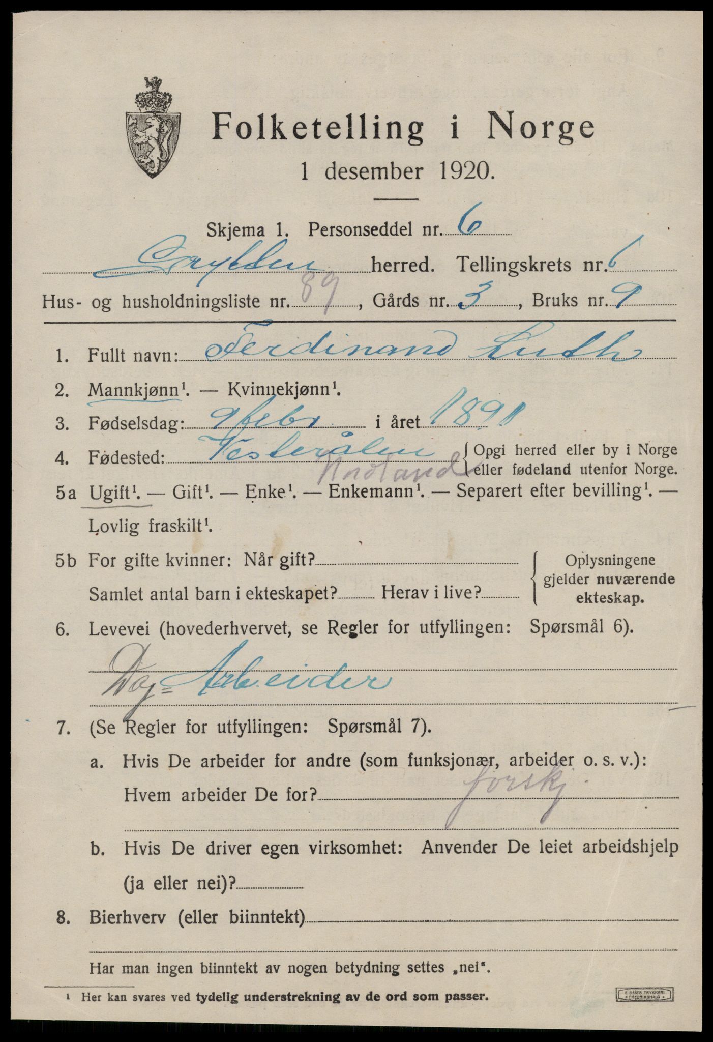 SAT, 1920 census for Grytten, 1920, p. 1888