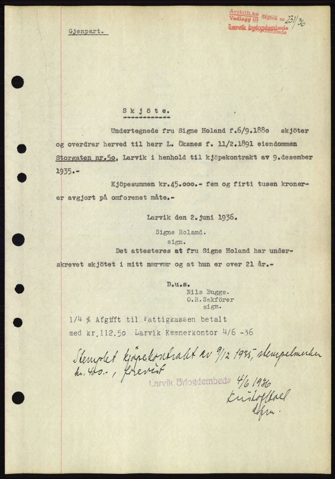 Larvik sorenskriveri, SAKO/A-83/G/Ga/Gab/L0067: Mortgage book no. A-1, 1936-1937, Diary no: : 231/1936