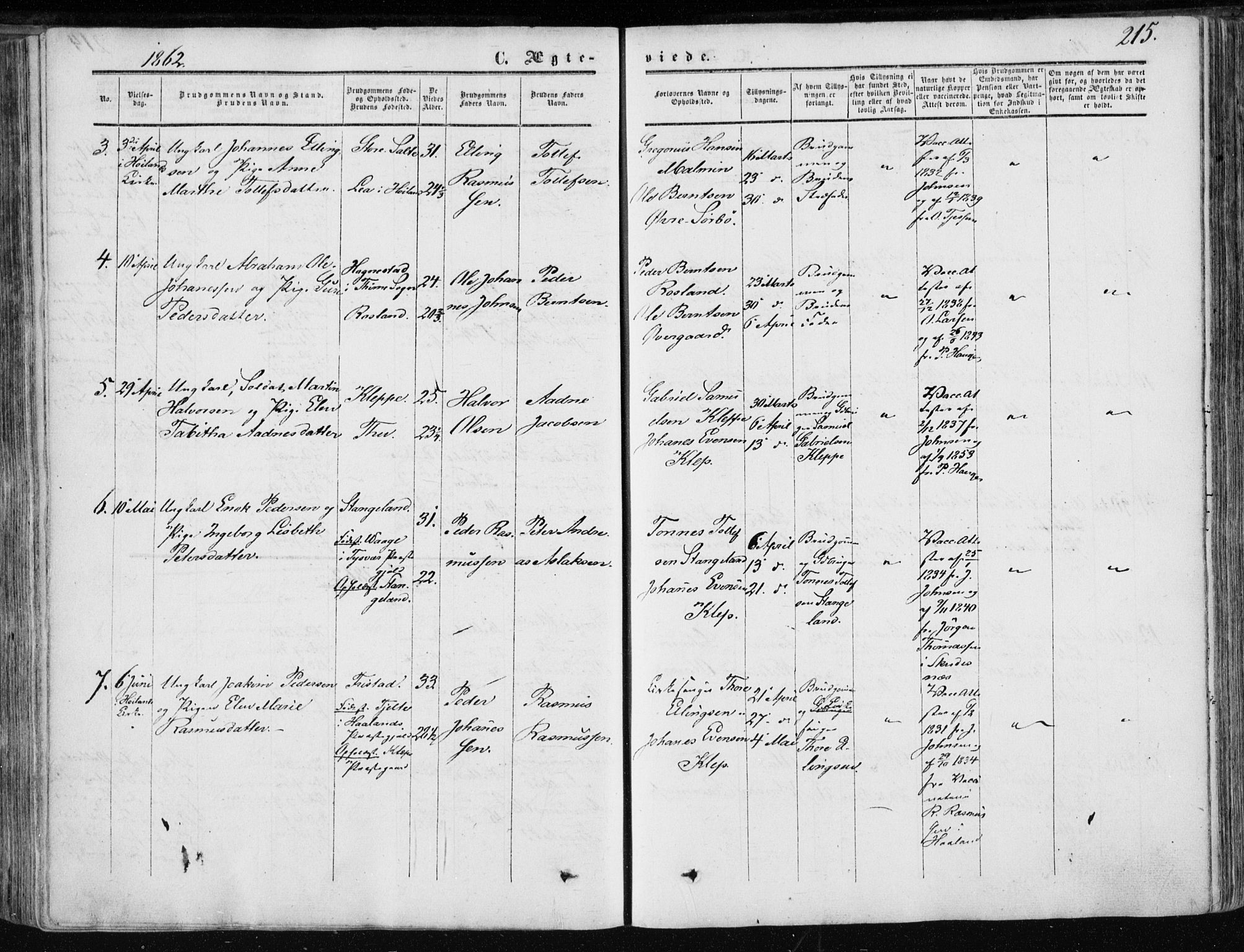 Klepp sokneprestkontor, SAST/A-101803/001/3/30BA/L0005: Parish register (official) no. A 5, 1853-1870, p. 215