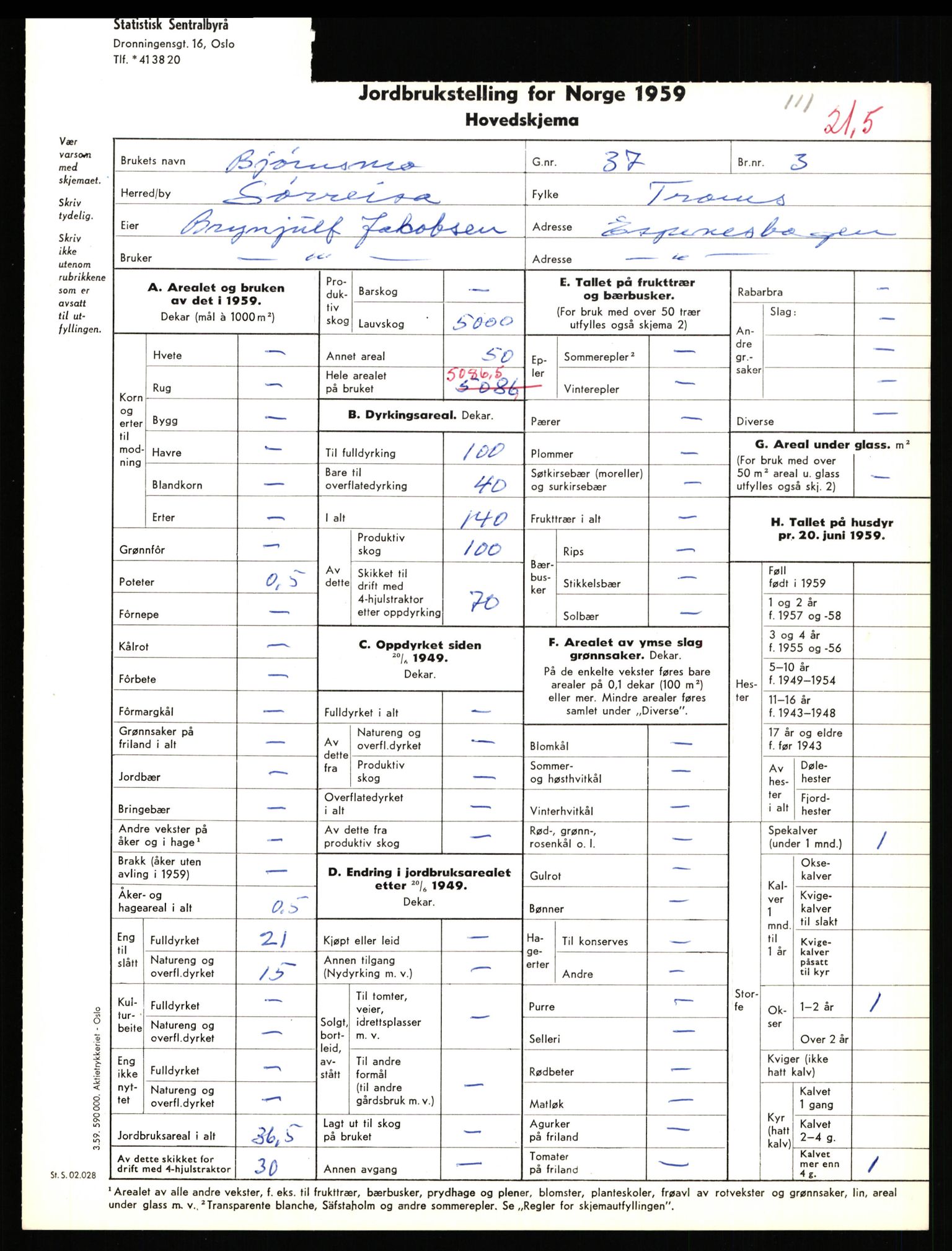 Statistisk sentralbyrå, Næringsøkonomiske emner, Jordbruk, skogbruk, jakt, fiske og fangst, AV/RA-S-2234/G/Gd/L0656: Troms: 1924 Målselv (kl. 0-3) og 1925 Sørreisa, 1959, p. 1079