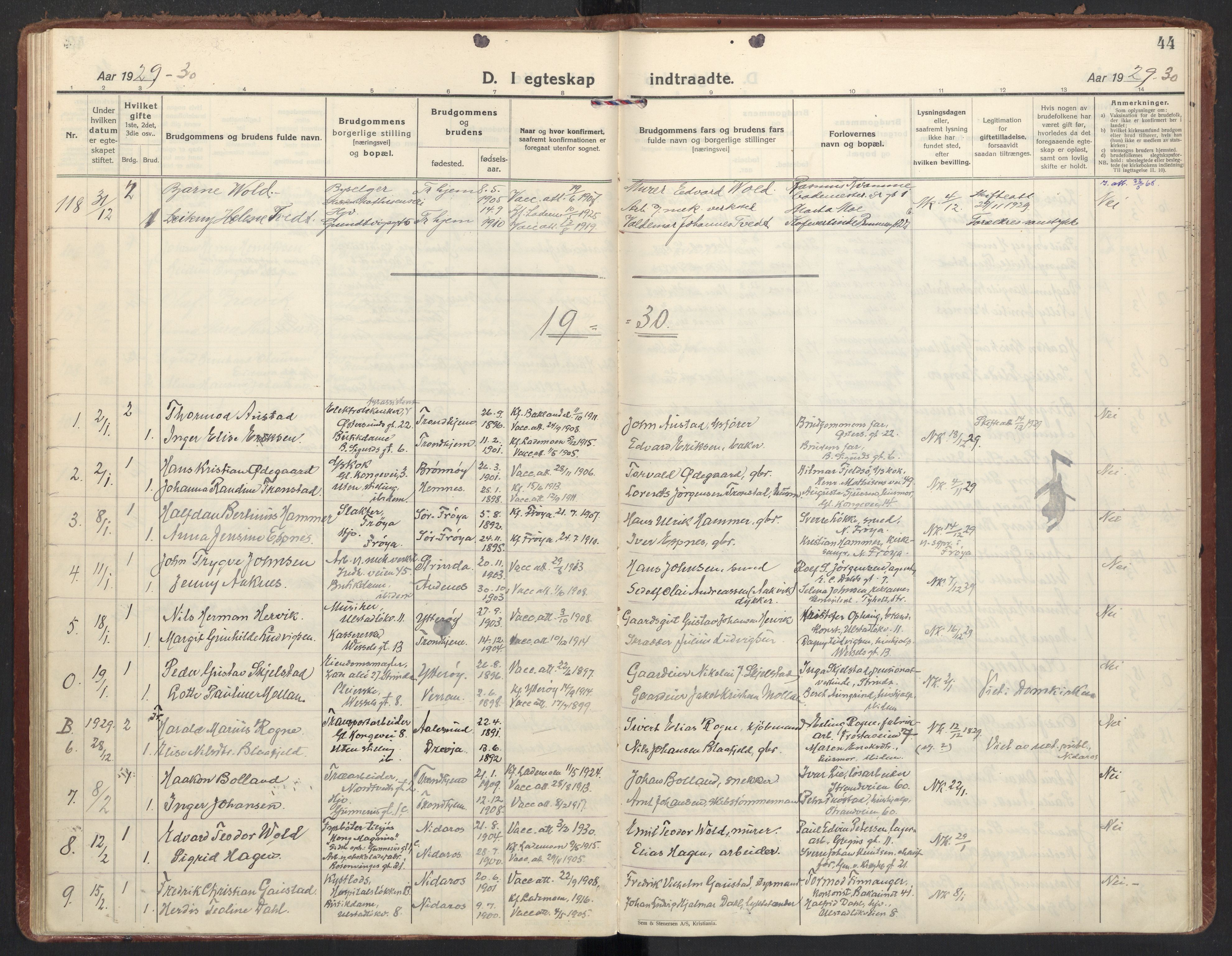 Ministerialprotokoller, klokkerbøker og fødselsregistre - Sør-Trøndelag, SAT/A-1456/605/L0249: Parish register (official) no. 605A11, 1925-1936, p. 44
