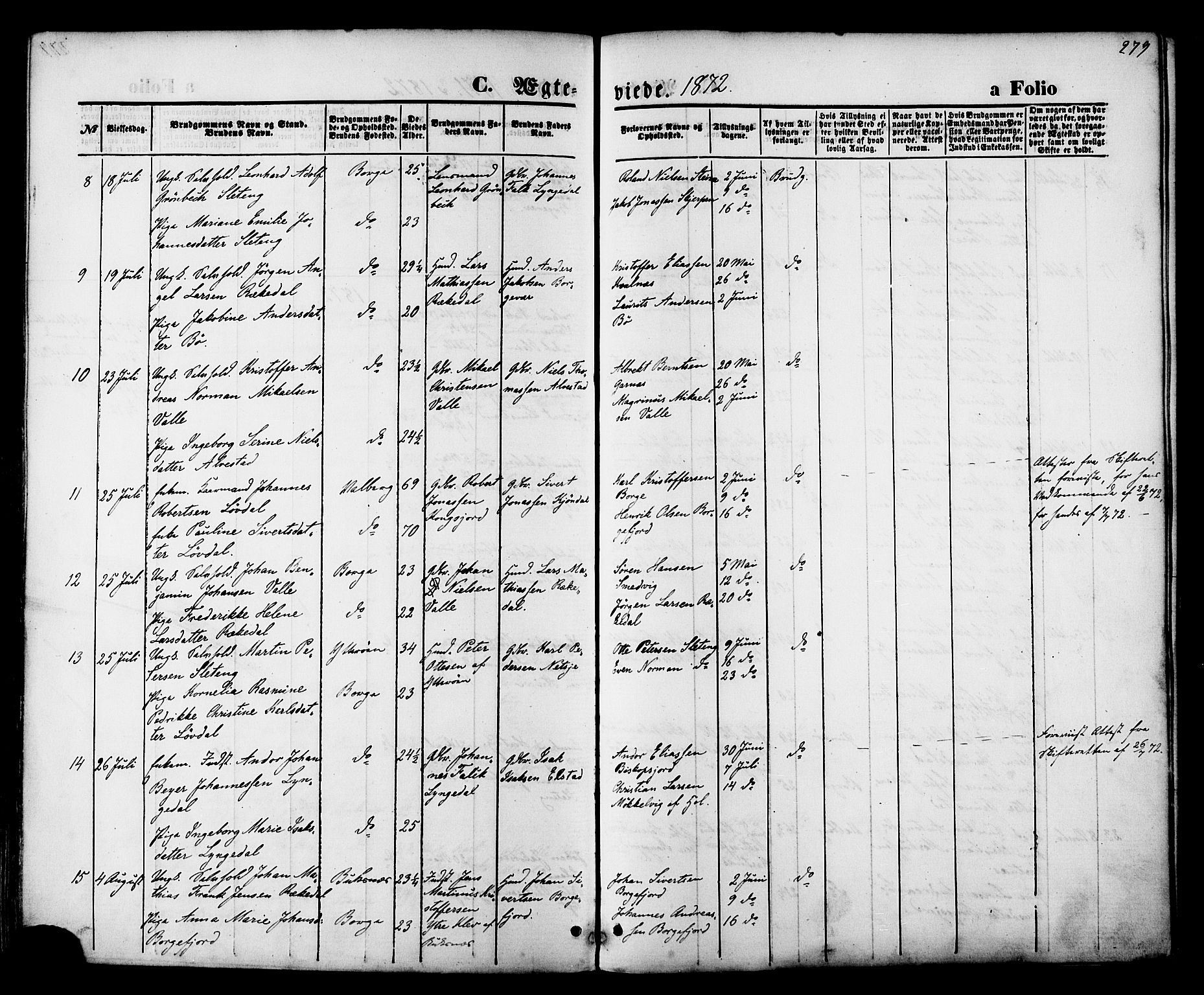 Ministerialprotokoller, klokkerbøker og fødselsregistre - Nordland, AV/SAT-A-1459/880/L1132: Parish register (official) no. 880A06, 1869-1887, p. 279