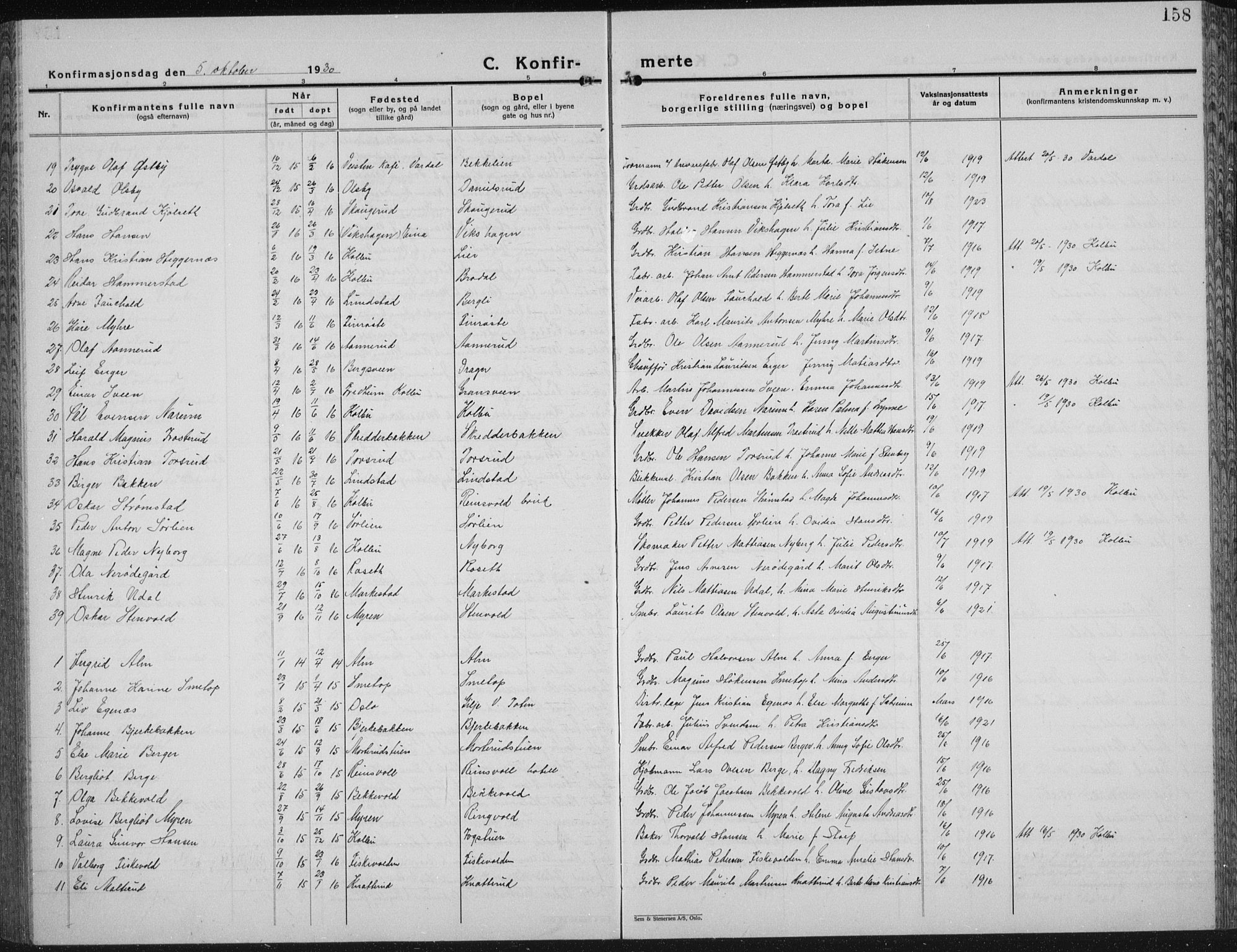 Vestre Toten prestekontor, AV/SAH-PREST-108/H/Ha/Hab/L0018: Parish register (copy) no. 18, 1928-1941, p. 158