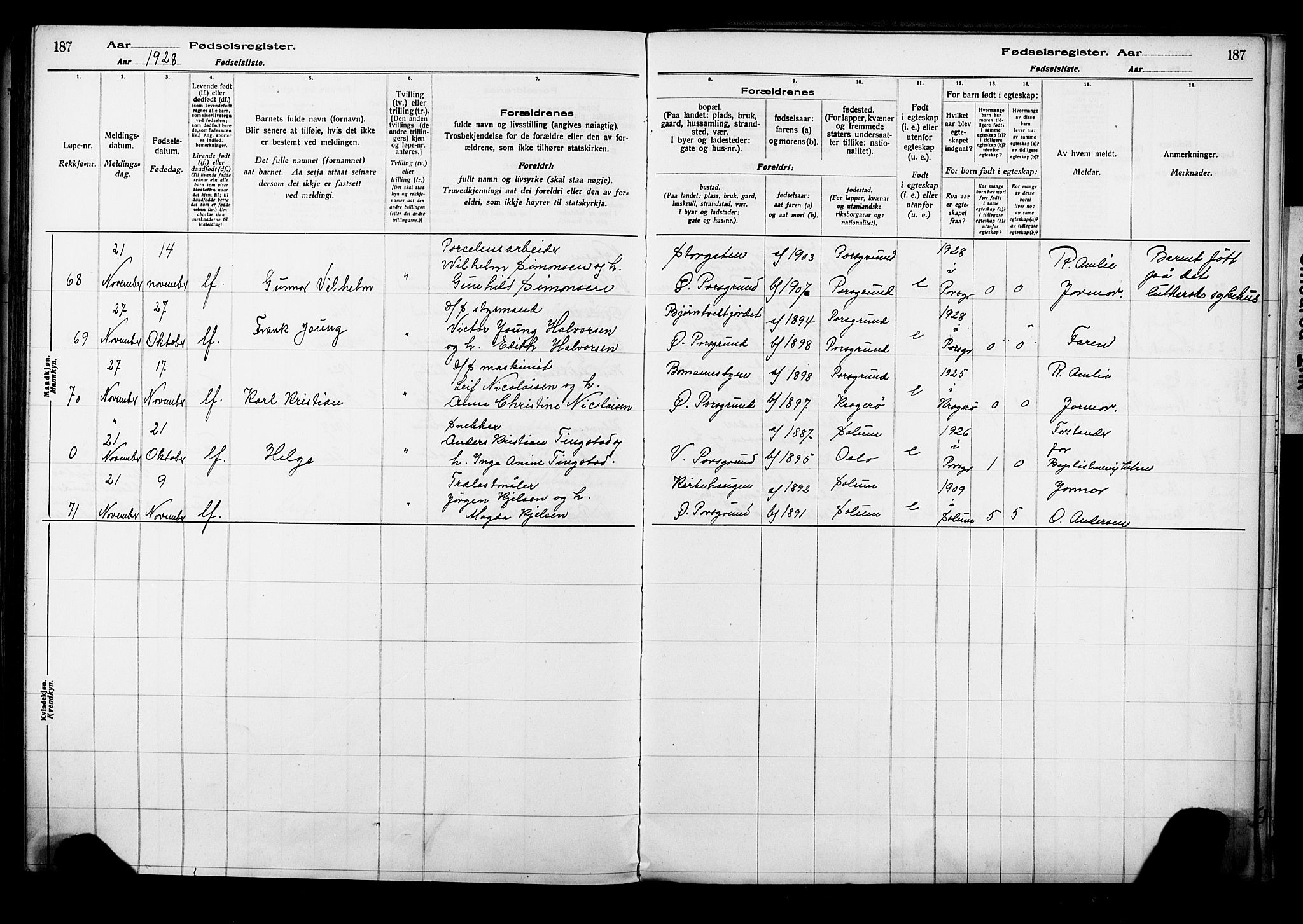 Porsgrunn kirkebøker , AV/SAKO-A-104/J/Ja/L0001: Birth register no. 1, 1916-1929, p. 187