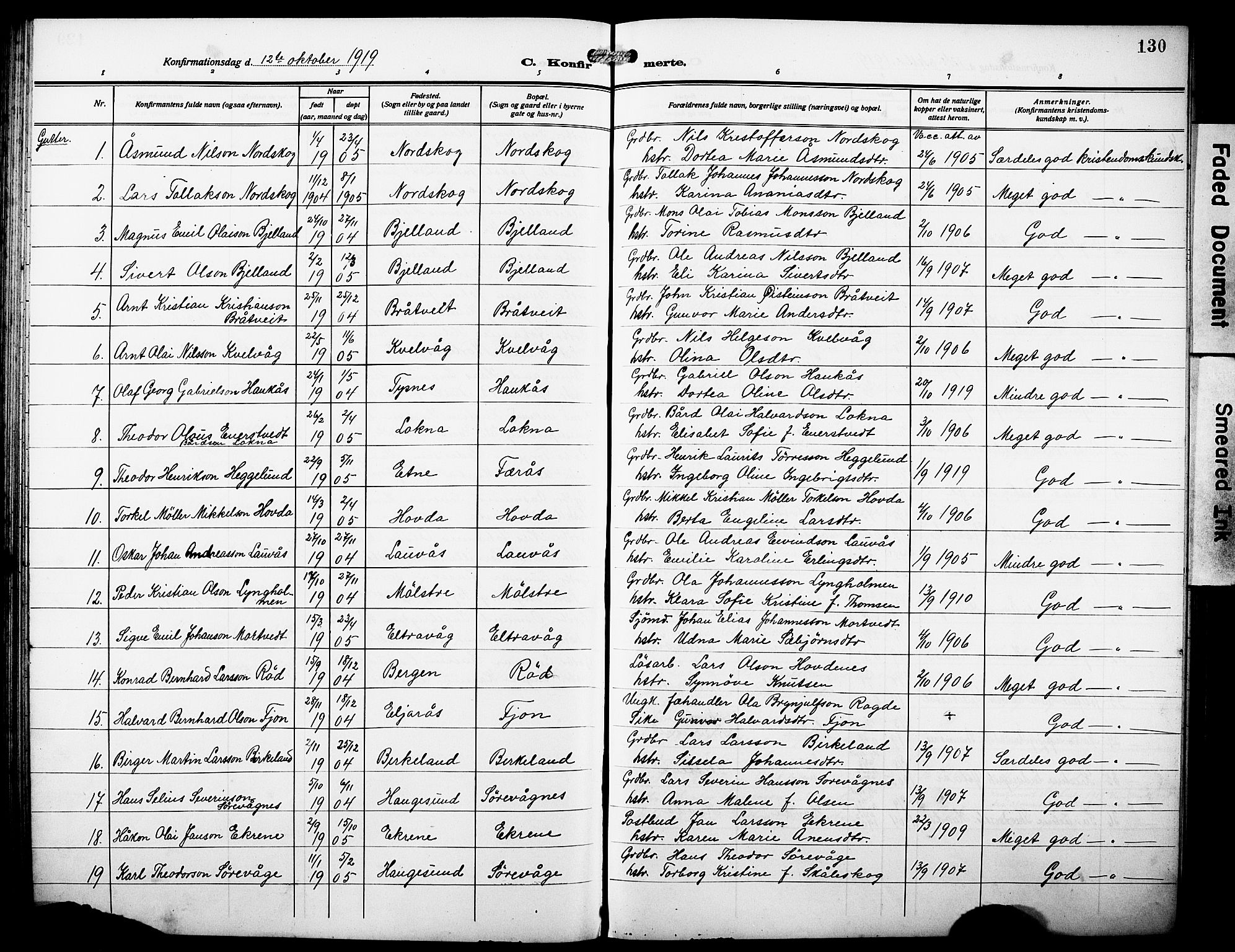 Sveio Sokneprestembete, AV/SAB-A-78501/H/Hab: Parish register (copy) no. A 5, 1911-1926, p. 130