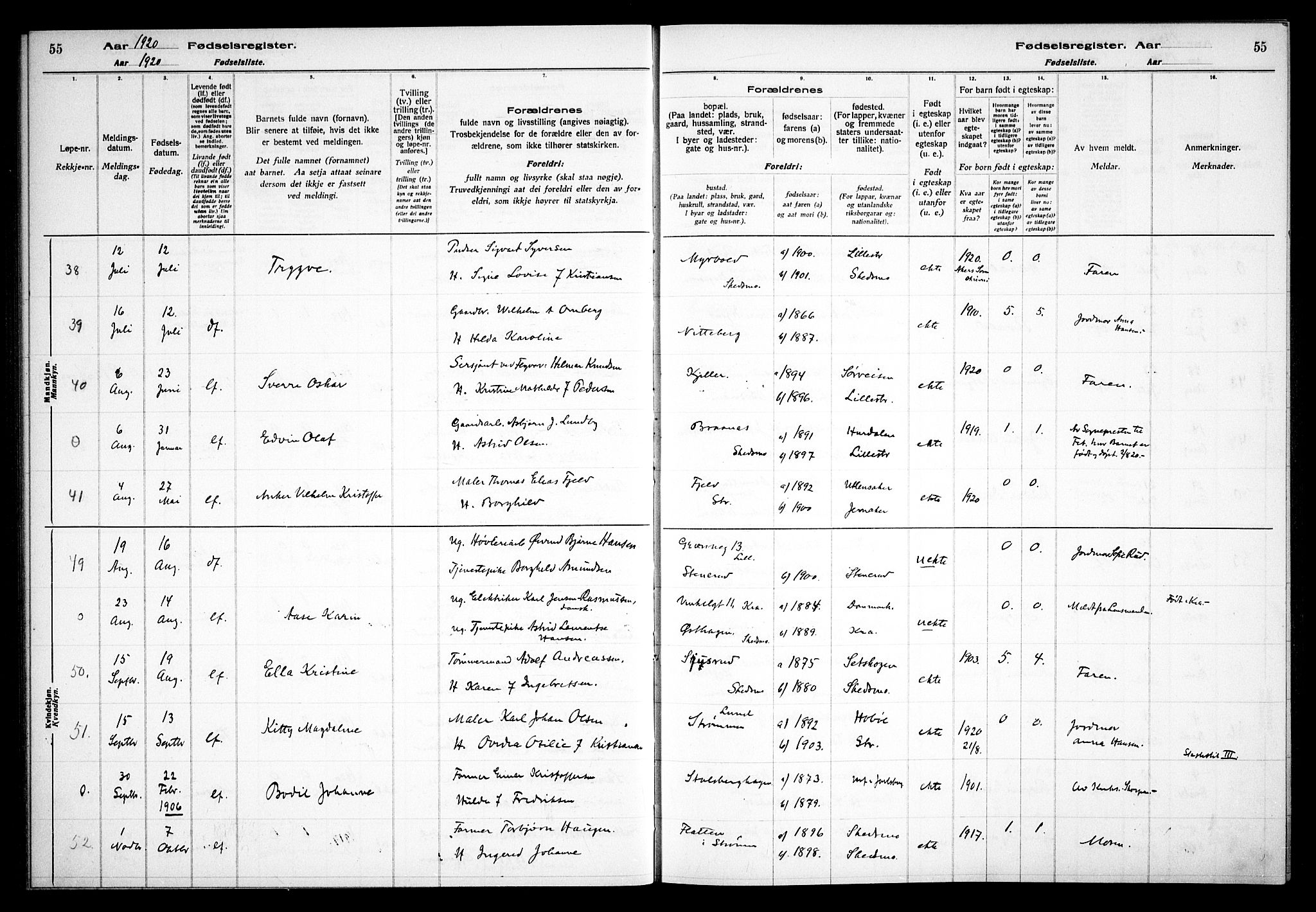 Skedsmo prestekontor Kirkebøker, SAO/A-10033a/J/Ja/L0001: Birth register no. I 1, 1916-1931, p. 55