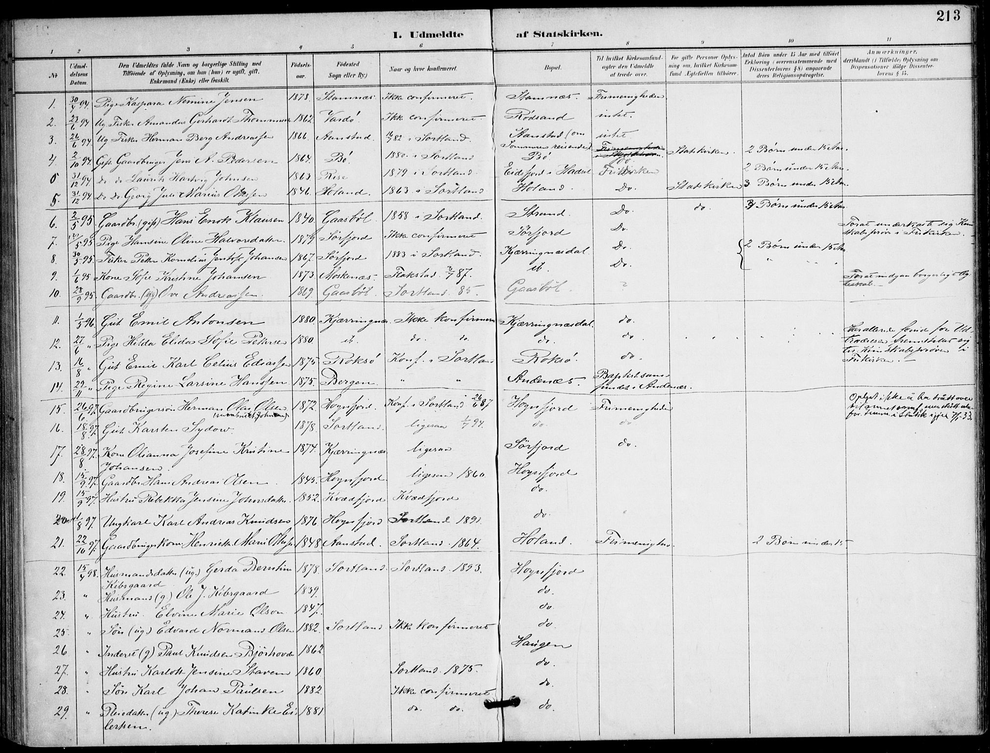 Ministerialprotokoller, klokkerbøker og fødselsregistre - Nordland, AV/SAT-A-1459/895/L1372: Parish register (official) no. 895A07, 1894-1914, p. 213