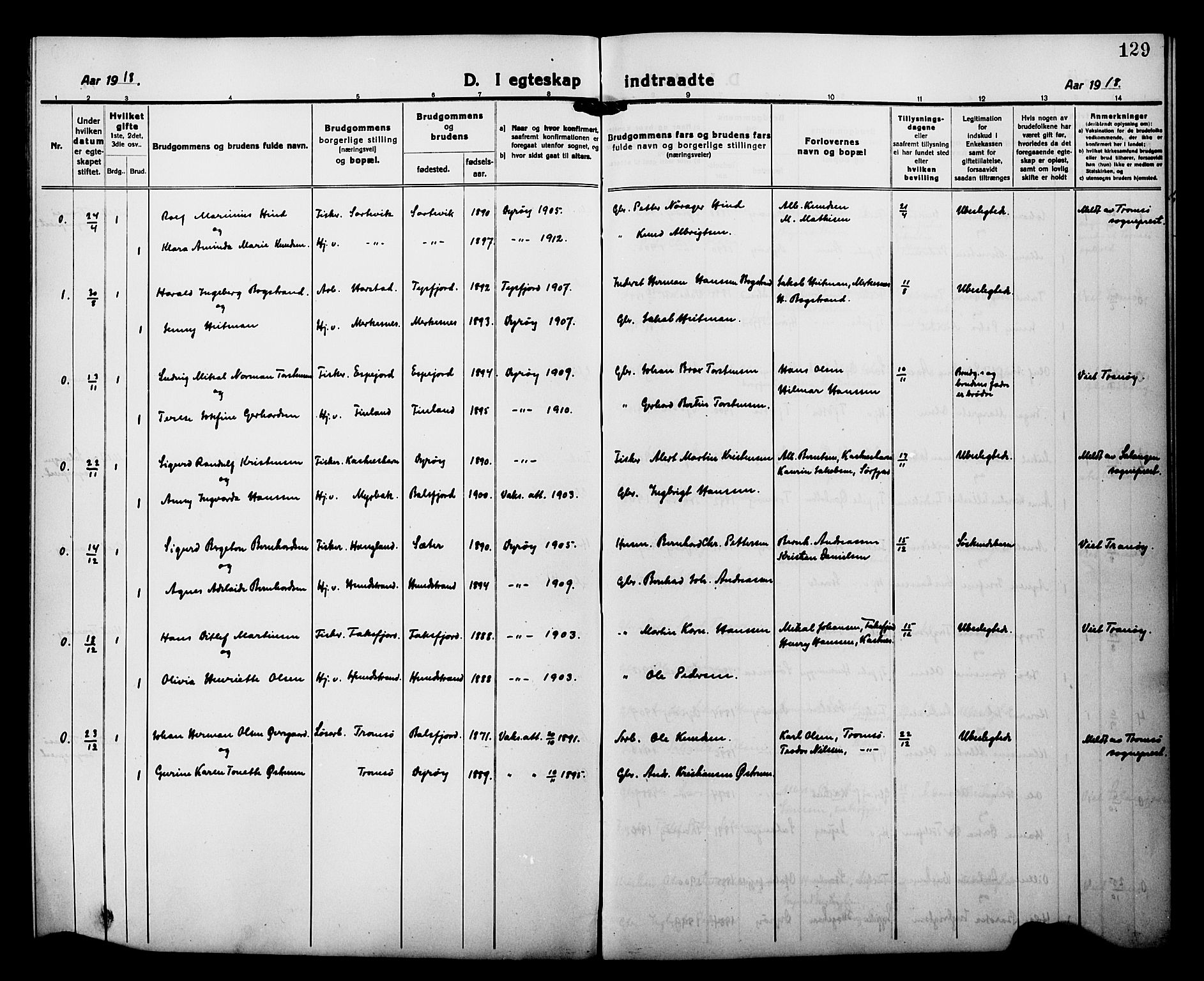 Tranøy sokneprestkontor, AV/SATØ-S-1313/I/Ia/Iab/L0015klokker: Parish register (copy) no. 15, 1918-1930, p. 129