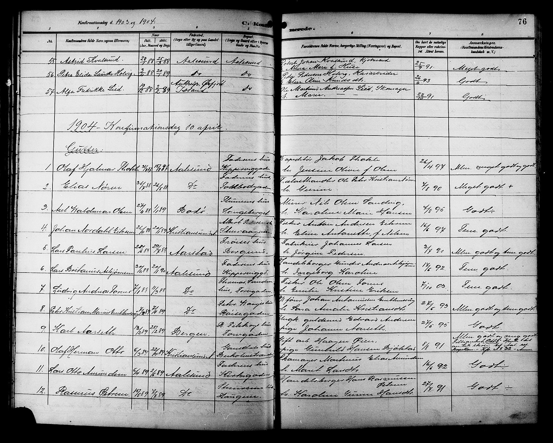 Ministerialprotokoller, klokkerbøker og fødselsregistre - Møre og Romsdal, AV/SAT-A-1454/529/L0469: Parish register (copy) no. 529C06, 1898-1906, p. 76