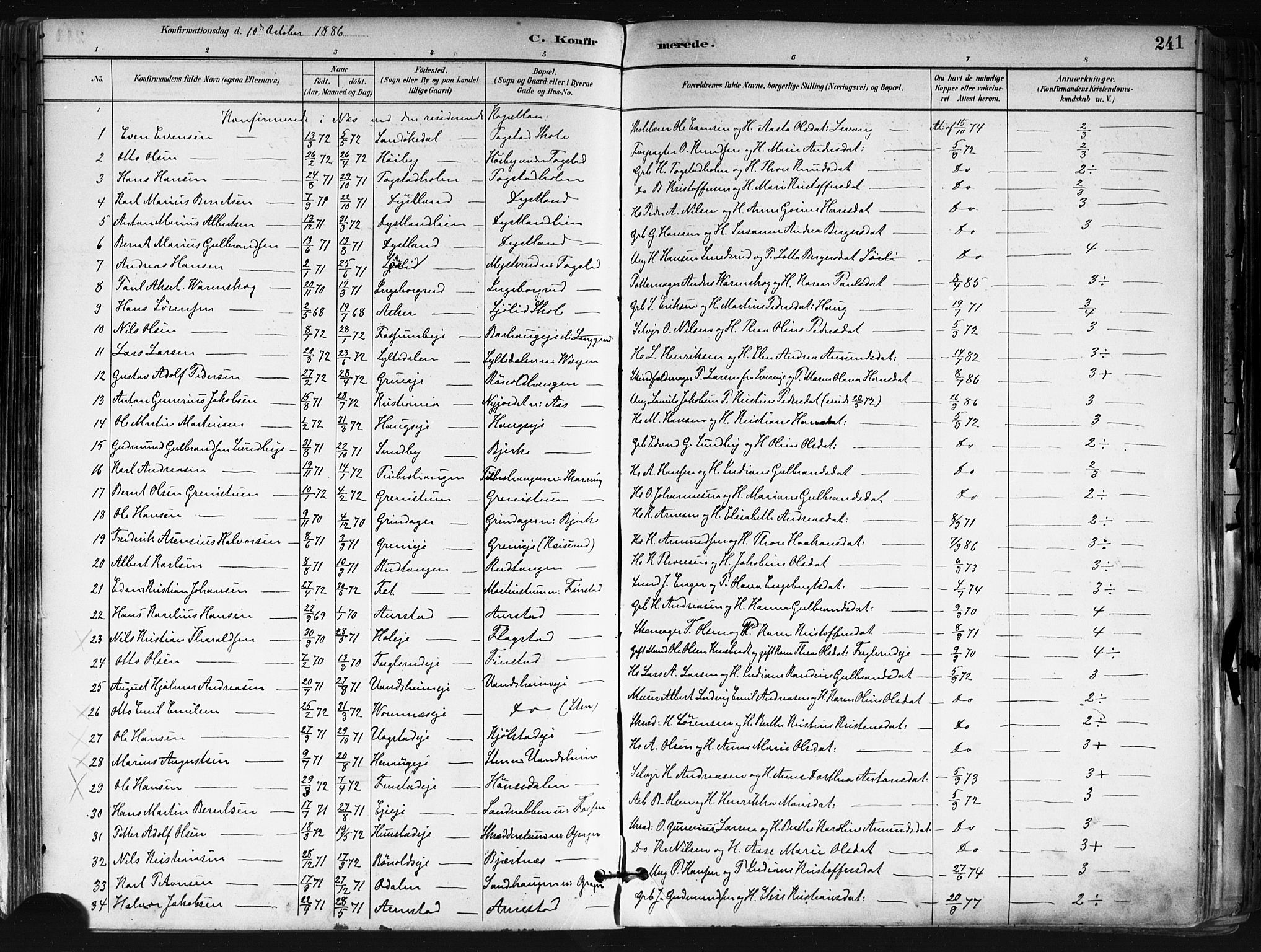 Nes prestekontor Kirkebøker, SAO/A-10410/F/Fa/L0010: Parish register (official) no. I 10, 1883-1898, p. 241