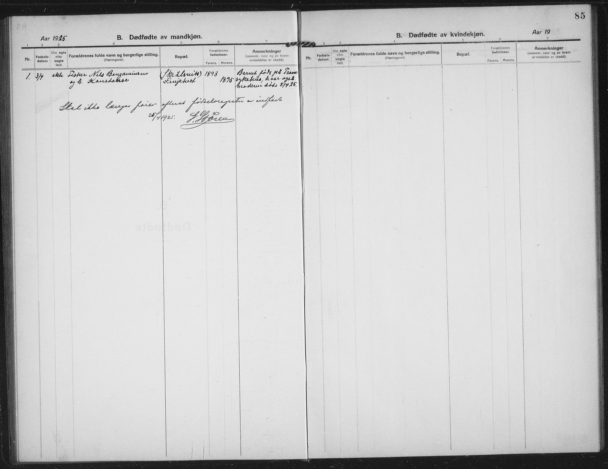 Sand/Bjarkøy sokneprestkontor, SATØ/S-0811/I/Ia/Iab/L0005klokker: Parish register (copy) no. 5, 1919-1937, p. 85