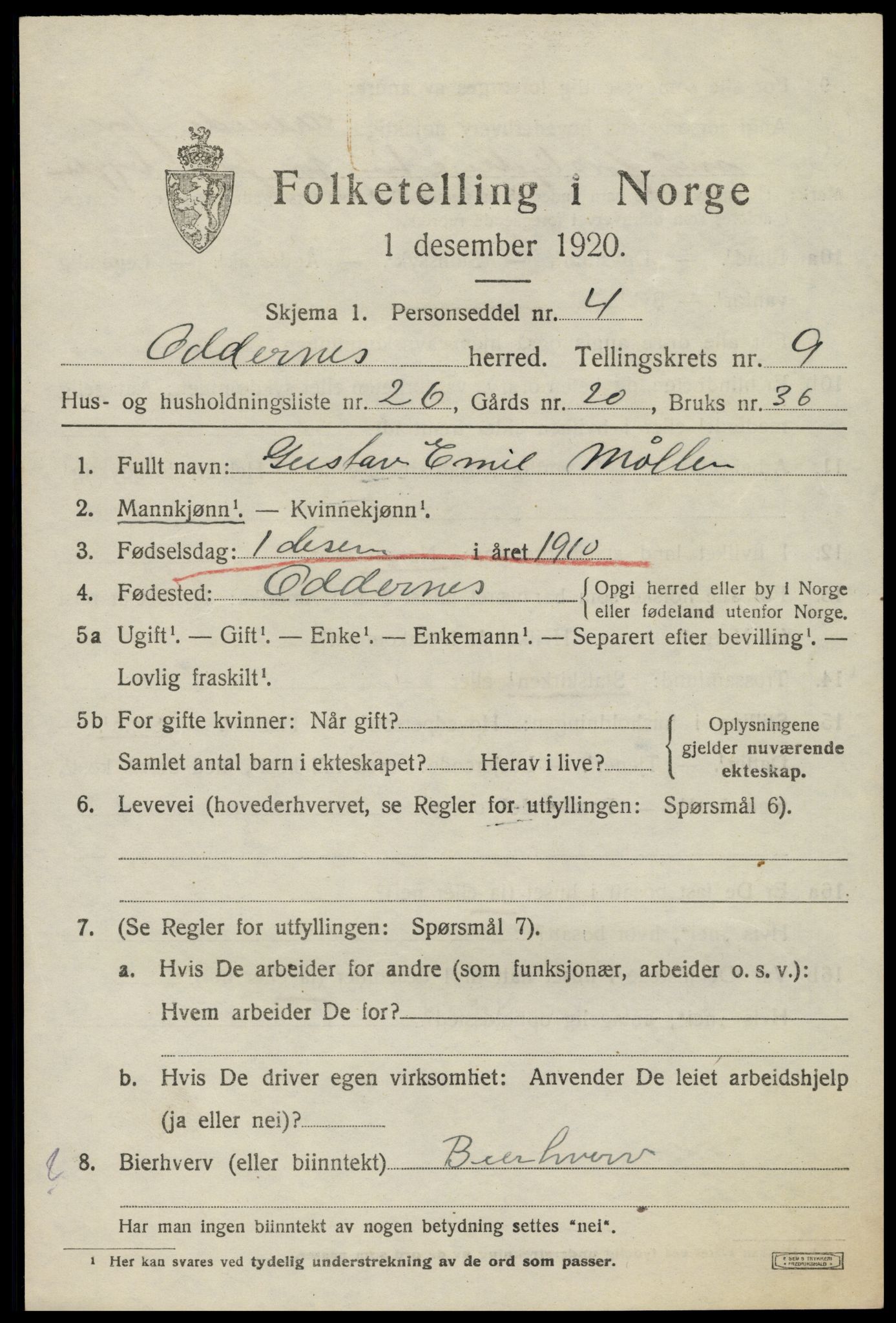 SAK, 1920 census for Oddernes, 1920, p. 6335