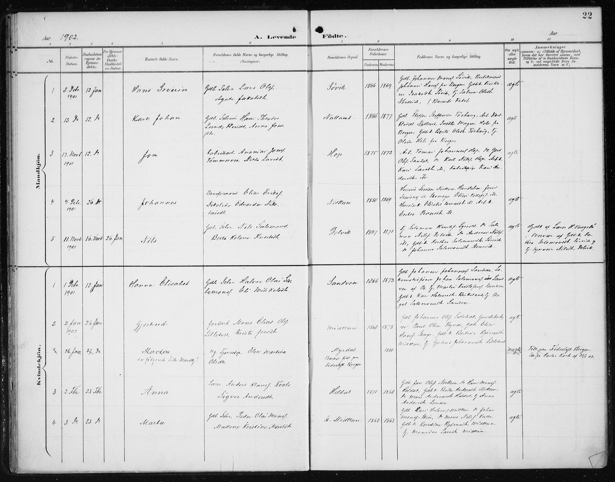 Fana Sokneprestembete, SAB/A-75101/H/Haa/Haai/L0003: Parish register (official) no. I 3, 1900-1912, p. 22