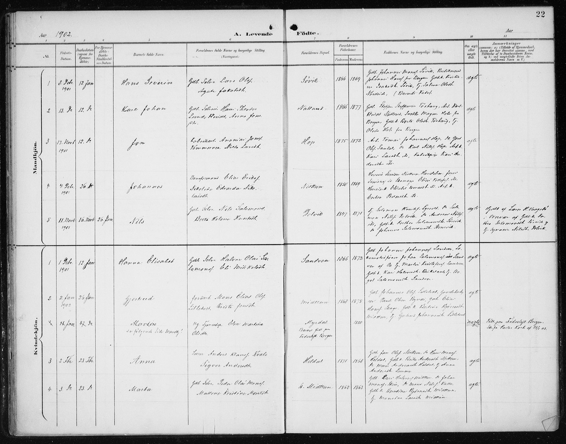 Fana Sokneprestembete, AV/SAB-A-75101/H/Haa/Haai/L0003: Parish register (official) no. I 3, 1900-1912, p. 22