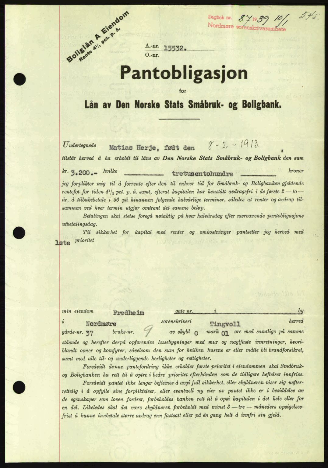 Nordmøre sorenskriveri, SAT/A-4132/1/2/2Ca: Mortgage book no. B84, 1938-1939, Diary no: : 87/1939