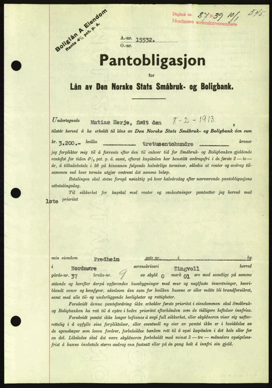 Nordmøre sorenskriveri, AV/SAT-A-4132/1/2/2Ca: Mortgage book no. B84, 1938-1939, Diary no: : 87/1939