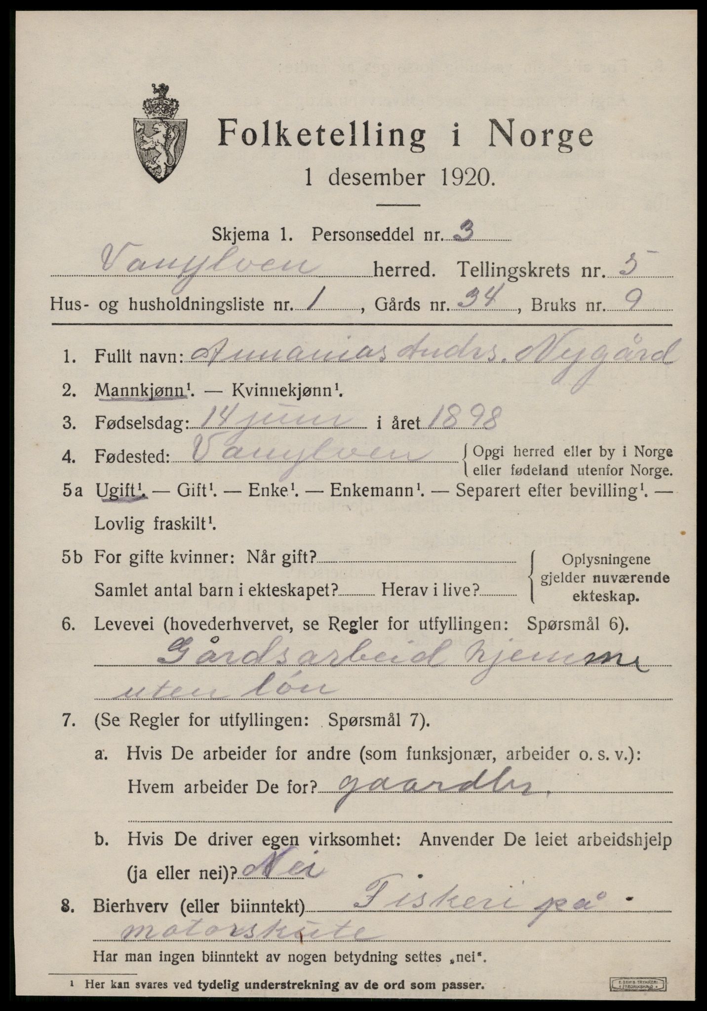 SAT, 1920 census for Vanylven, 1920, p. 2817