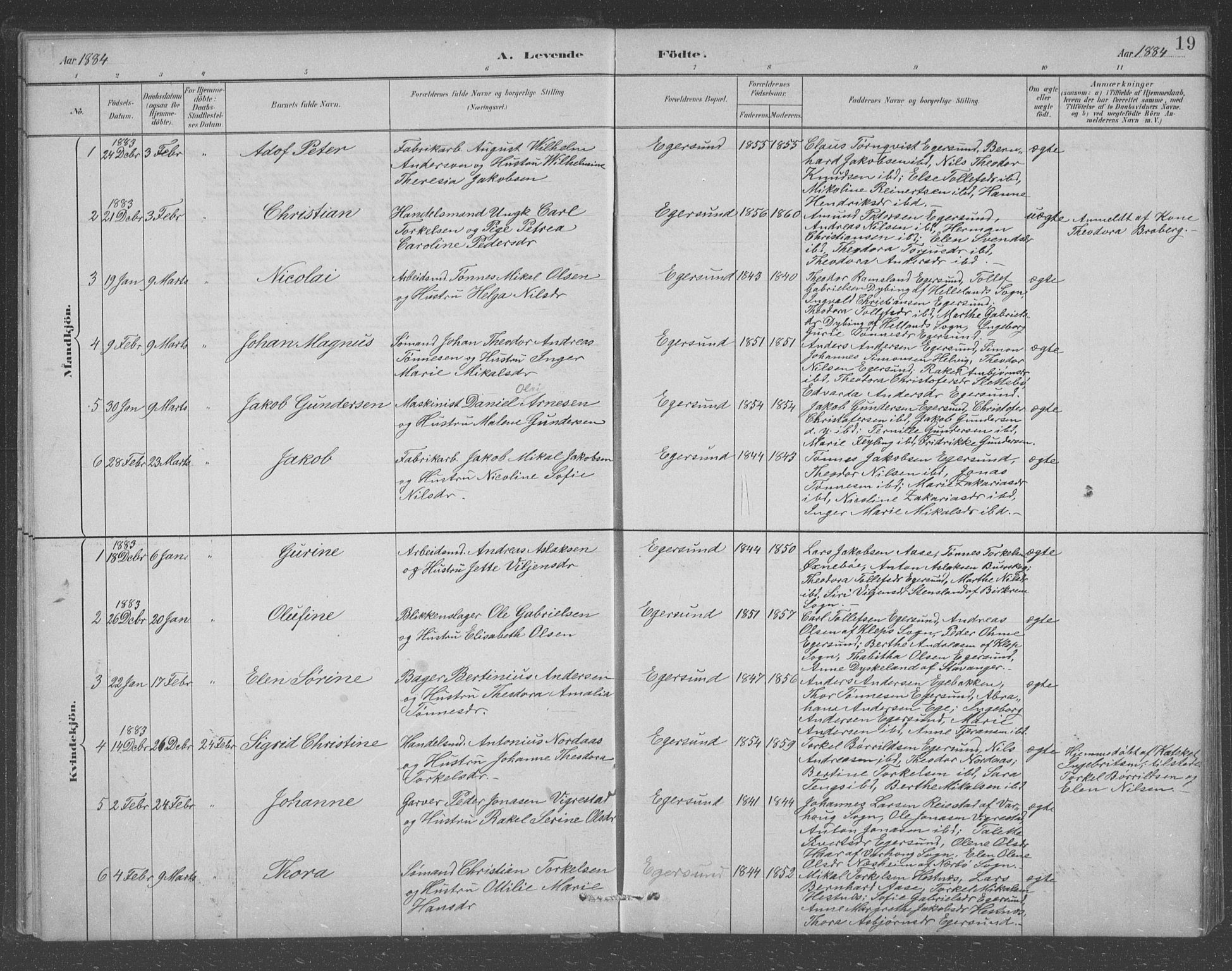 Eigersund sokneprestkontor, AV/SAST-A-101807/001/30/30BB/L0008: Parish register (copy) no. B 8, 1882-1892, p. 19