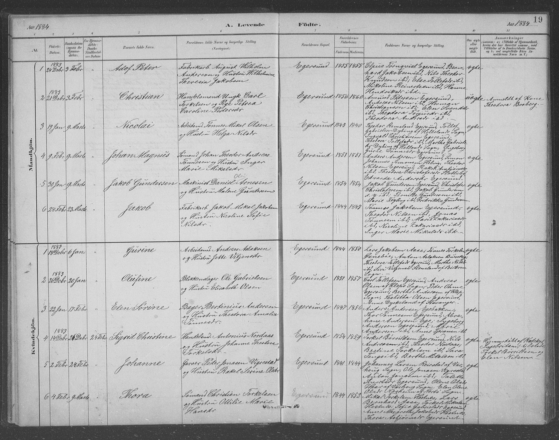 Eigersund sokneprestkontor, AV/SAST-A-101807/S09/L0008: Parish register (copy) no. B 8, 1882-1892, p. 19