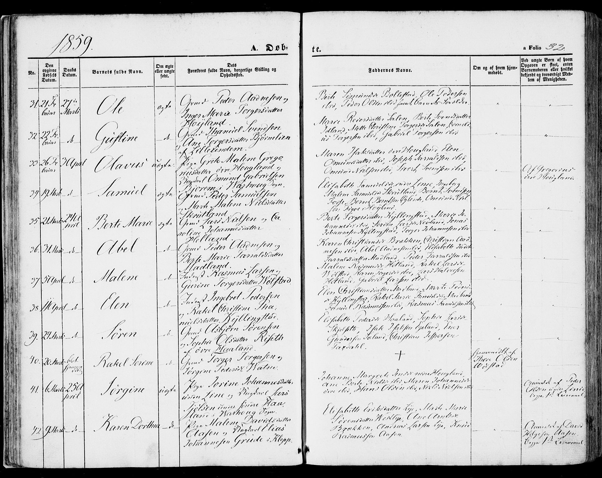 Lye sokneprestkontor, AV/SAST-A-101794/001/30BA/L0007: Parish register (official) no. A 6, 1856-1871, p. 32